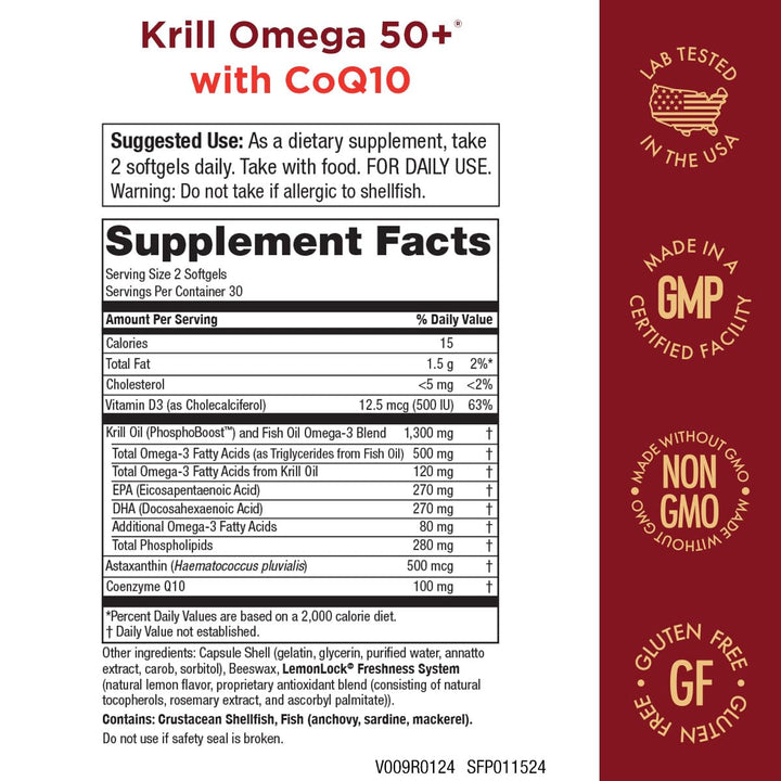 Purity Products - Krill Omega 50+ with CoQ10, 60 Dietary Supplement Softgels