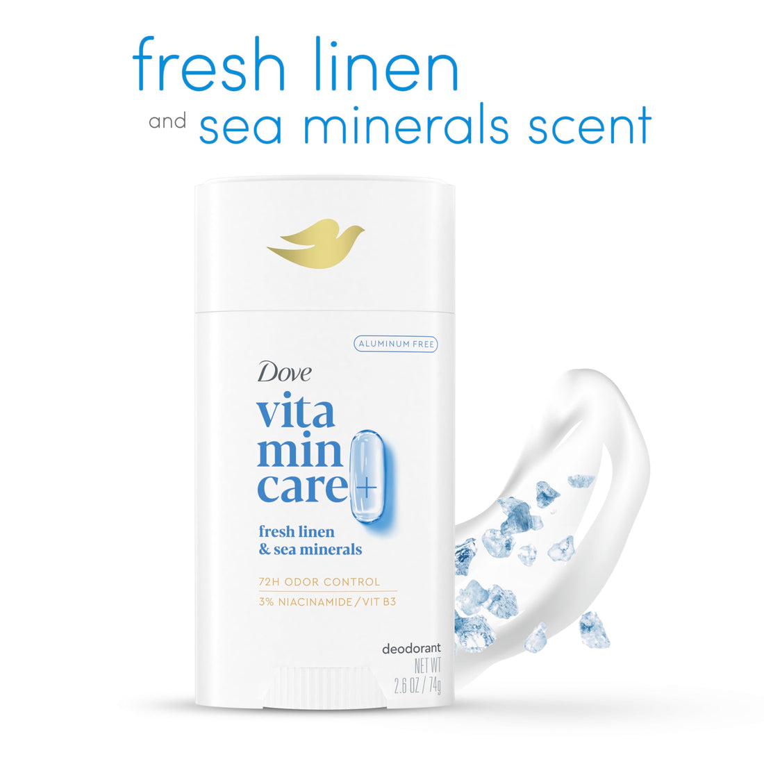 Dove VitaminCare+ Deodorant Stick Fresh Linen & Sea Mineral Aluminum Free 2.6 oz