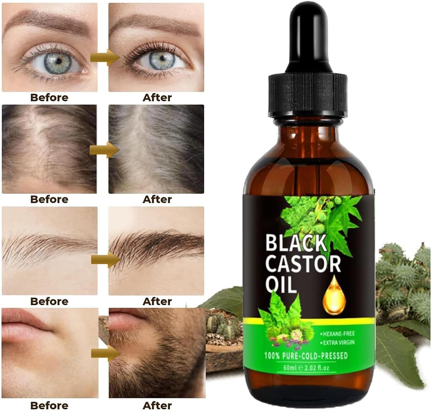 Aceite de Ricino y Castor Orgánico Puro para Crecimiento del Cabello, Pestañas, Cejas y Vello de Mujeres y Hombres - 60ml/2.0 Fl Oz