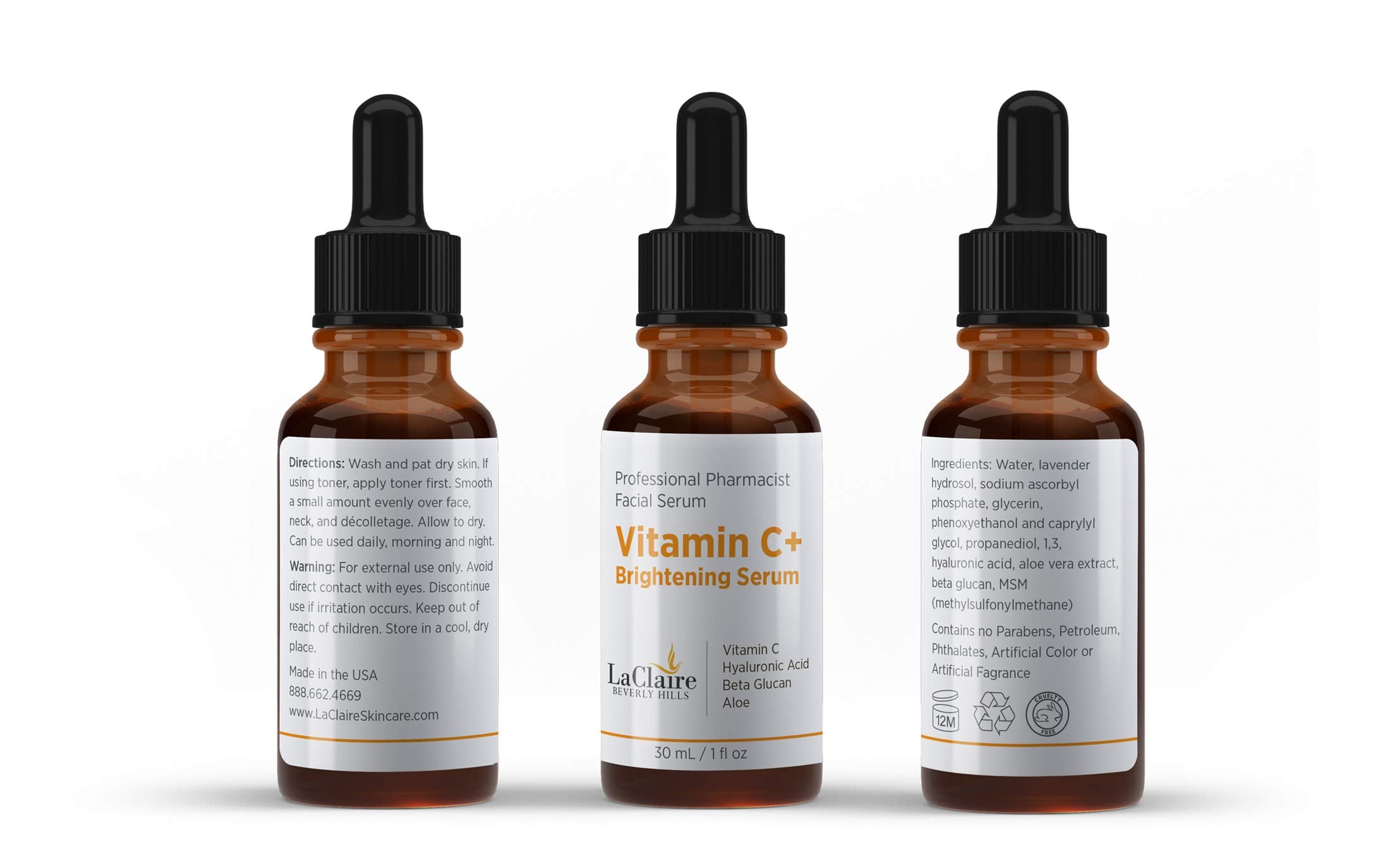 LaClaire Vitamin C+ brightening serum for face, with Hyaluronic acid, Made in the USA
