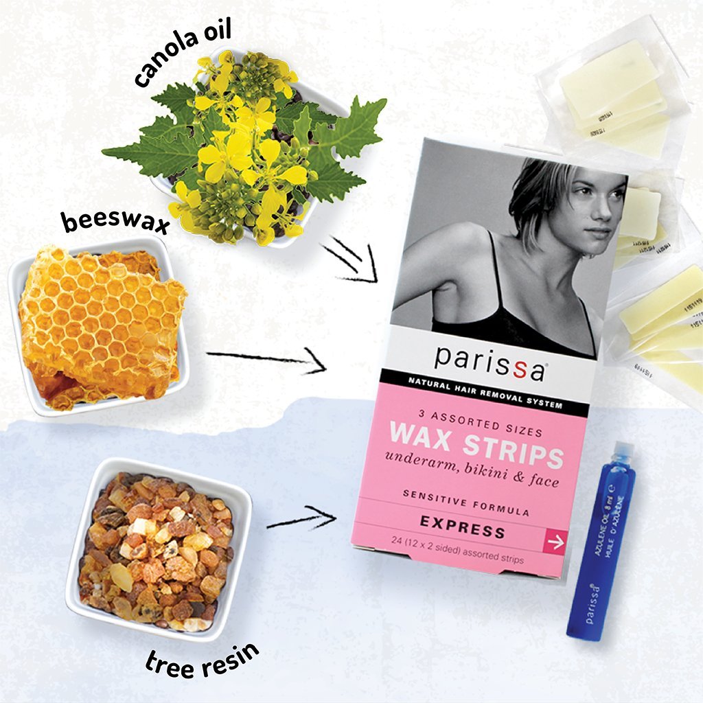 Parissa Wax Strips Assorted Sizes, Hair Removal Waxing Kit Sensitive Skin Formula, 12 Strips, 8ml Azulene Aftercare Oil