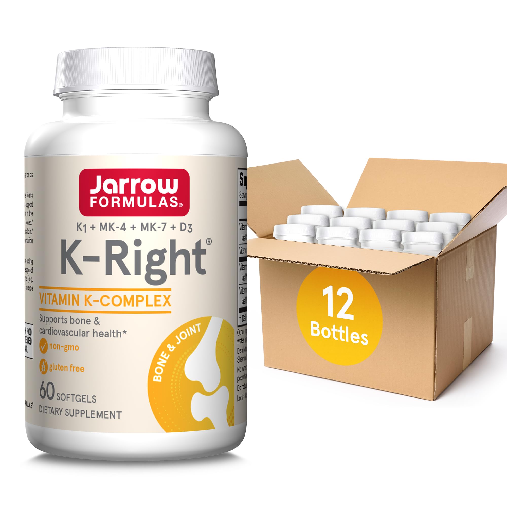Jarrow Formulas K-Right - Vitamin K-Complex (K1, MK-4, MK-7, D3) - 60 Servings (Softgels) - Dietary Supplement for Bone & Cardiovascular Health Support - Vitamin K2 MK-7 - Gluten Free, Pack of 12