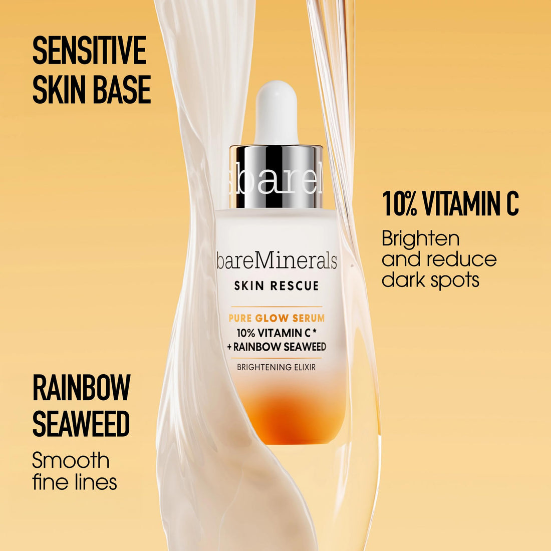 bareMinerals Skin Rescue Pure Glow Face Serum, Formulated with 10% Vitamin C Complex + Rainbow Seaweed, Brightening Vitamin C Face Serum, Sensitive Skin Safe