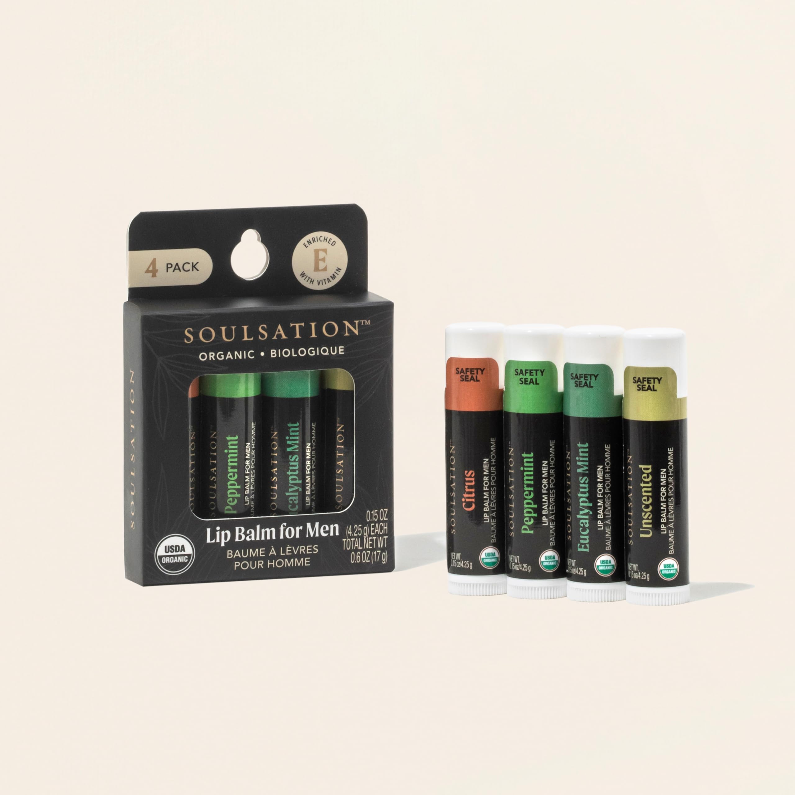 Soulsation Organic Lip Balm Set for Men - 4 Flavors - 100% Natural Moisturizing for Cracked & Dry Lips