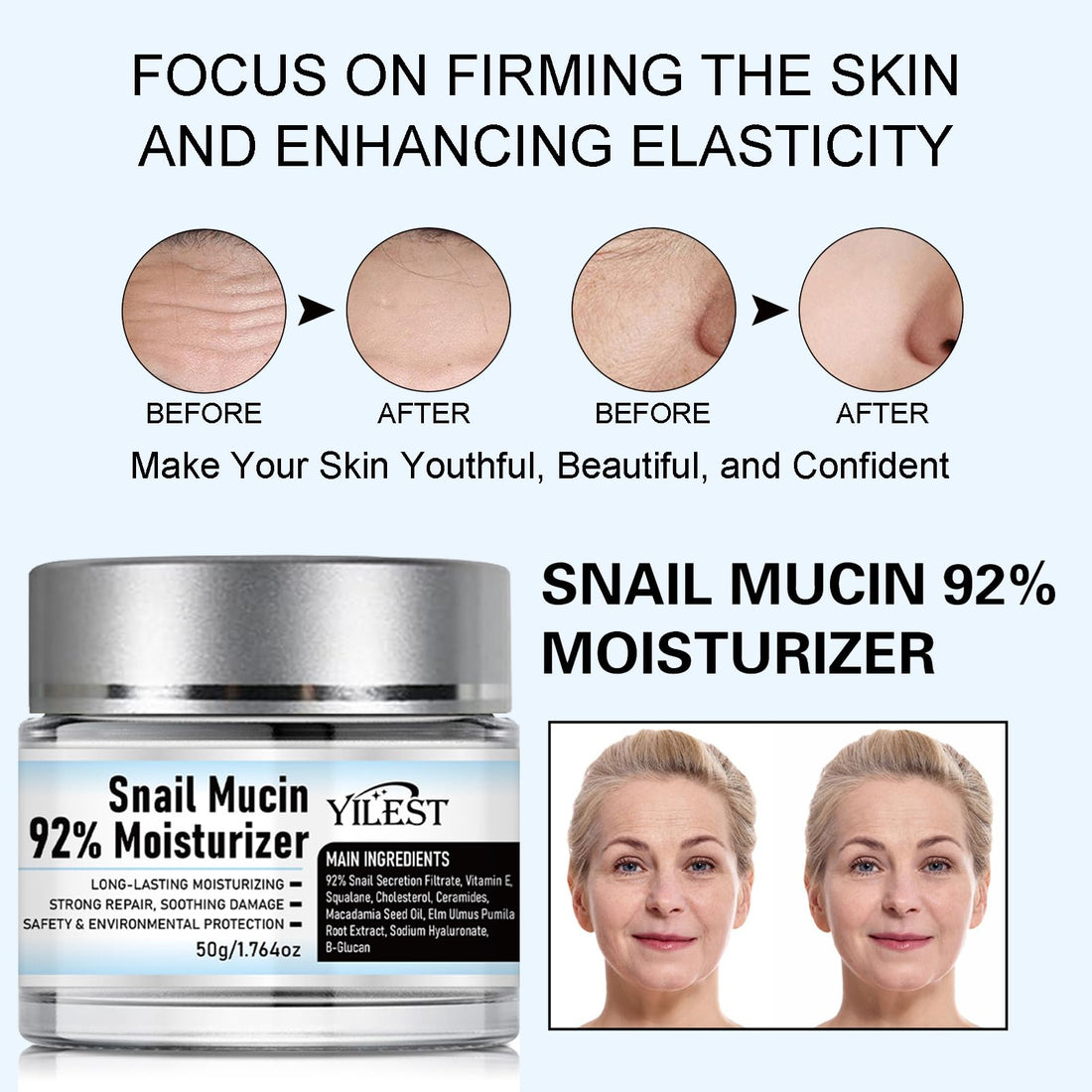 Snail Mucin 92% Moisturizer Daily Face Moisturizer Hydrating, Snail Mucin Moisturizer for Dry & Sensitive Skin, Snail 92 All In One Cream, Snail Mucin Cream Increase Skin Vitality 50g / 1.76oz