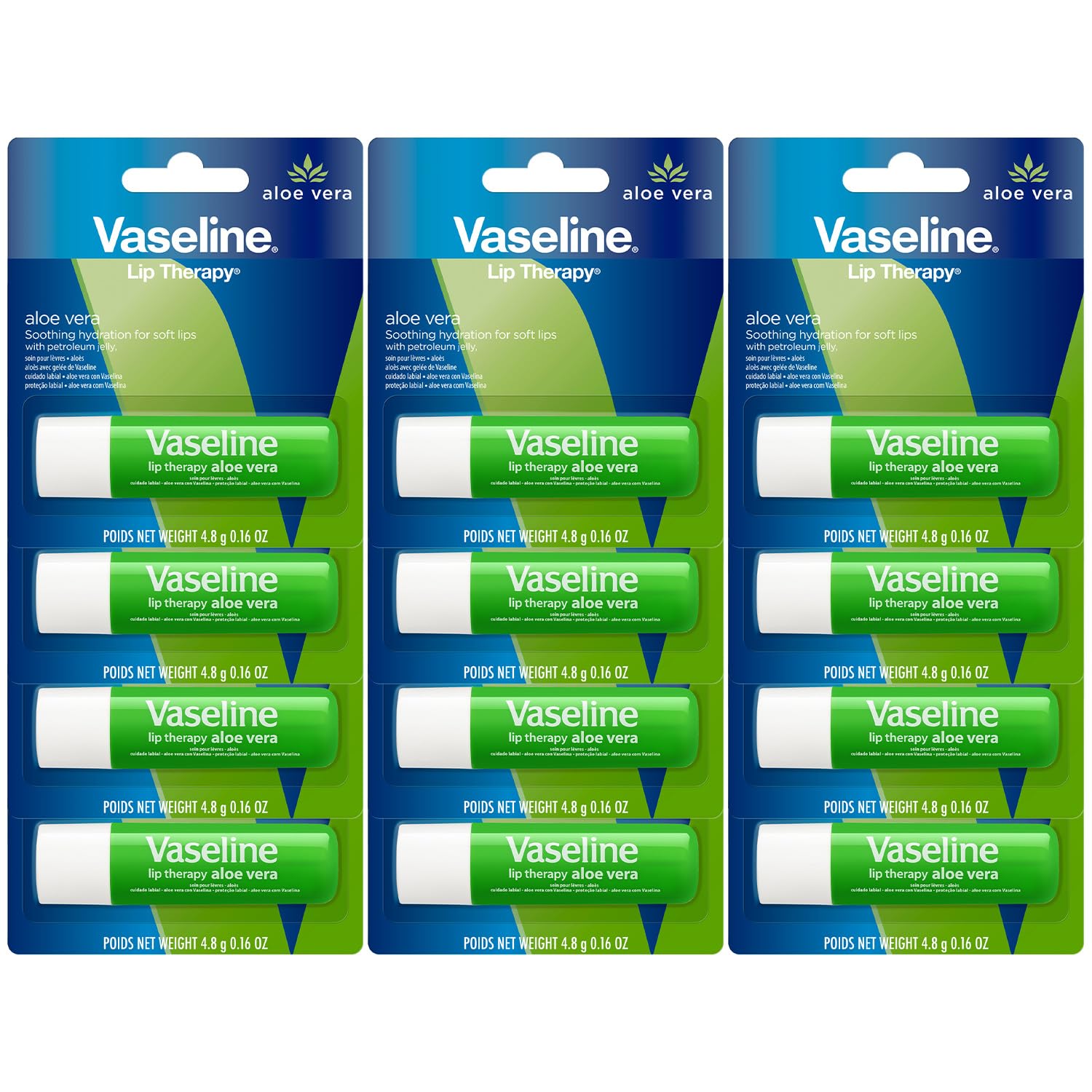 Vaseline Lip Therapy Aloe Fresh 12-Pack – Moisturizing Lip Balm for Very Dry Lips, 0.16 Oz Ea