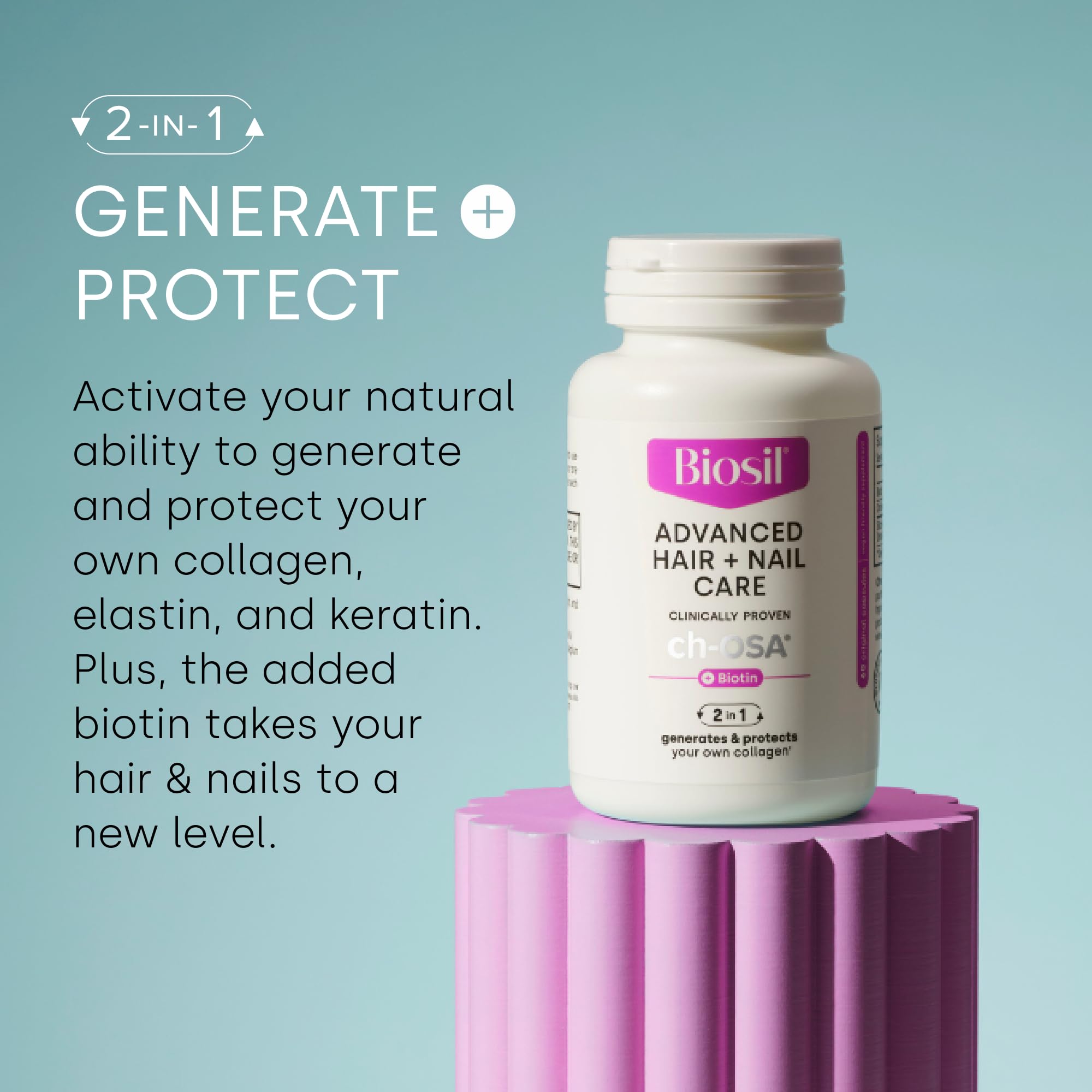 Biosil Advanced Hair + Nail Care - 60 Capsules - Grow, Strengthen & Thicken Hair and Nails - with Patented ch-OSA & Biotin - 30-Day Supply