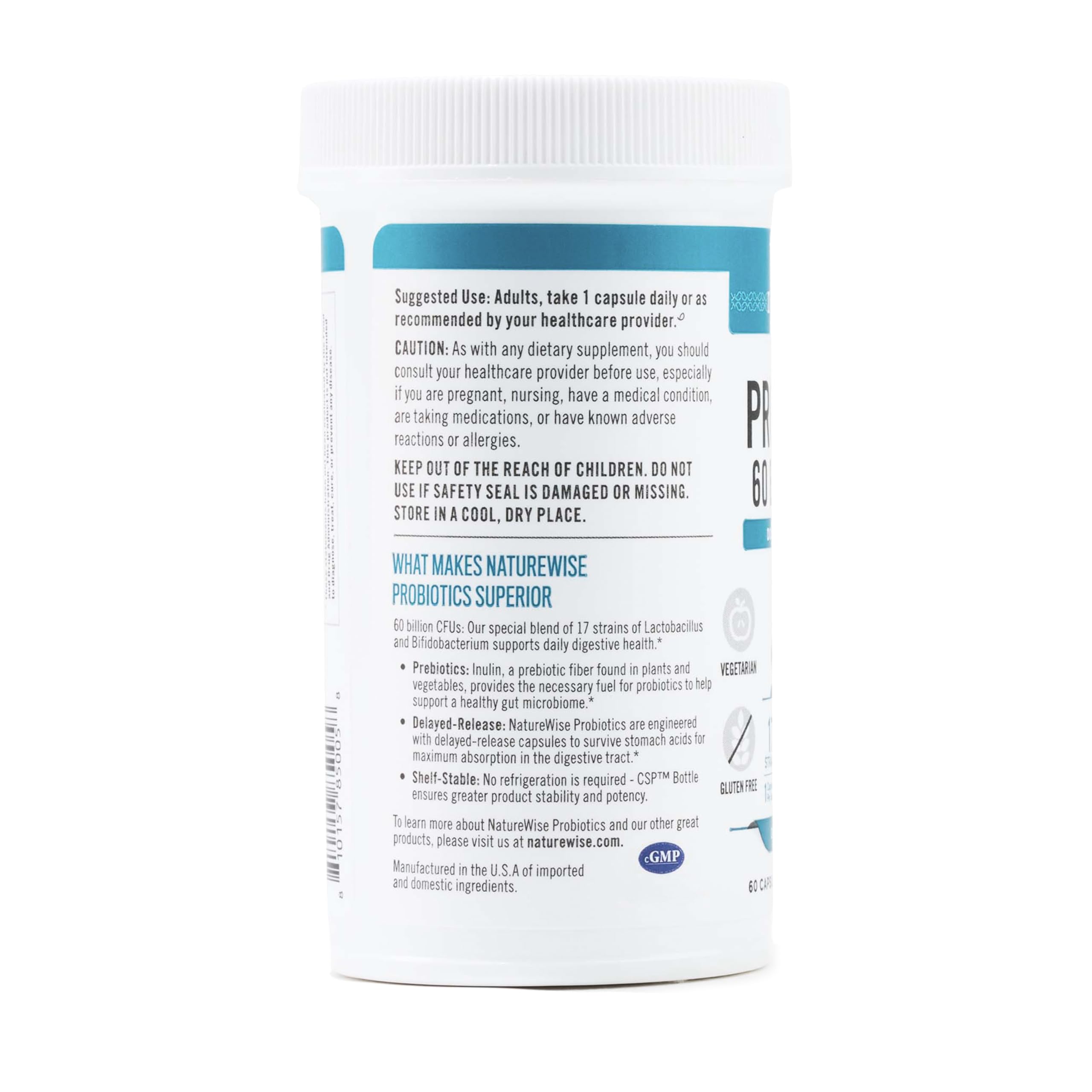 NatureWise Probiotics 60 Billion CFU - 17 Strains + Organic Prebiotics - Immune, Digestive & Gut Health Support for Women & Men - Vegetarian, Gluten-Free, Non-GMO - 60 Capsules[2-Month Supply]