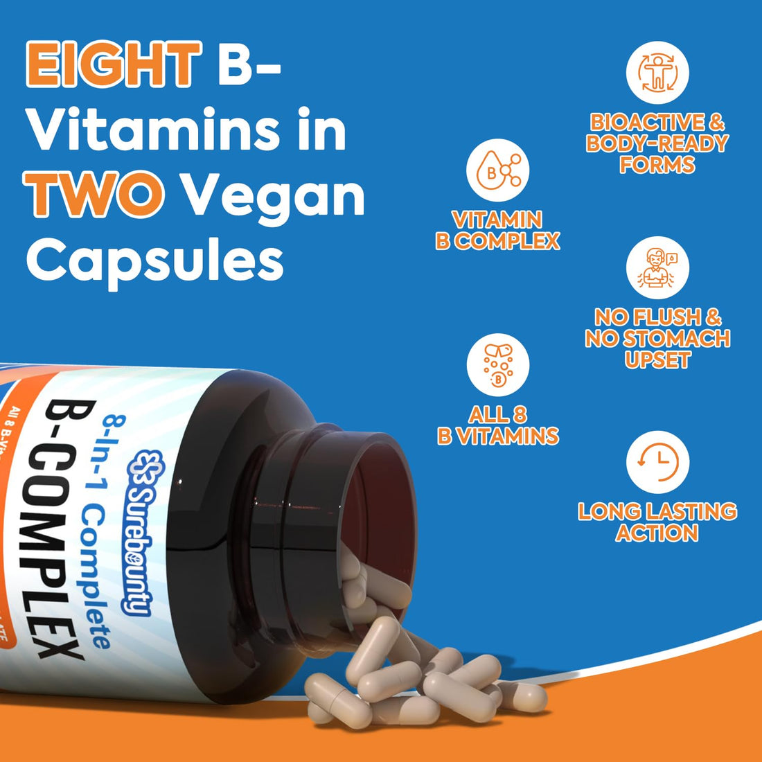 Surebounty 8-in-1 Vitamin B Complex Capsules for Women & Men, Super B Complex Vitamins, B12, B1, B2, B3, B5, B6, B9, Biotin, Folate, Methylated Forms, Energy, Nerve, Blood Support, 60 Caps