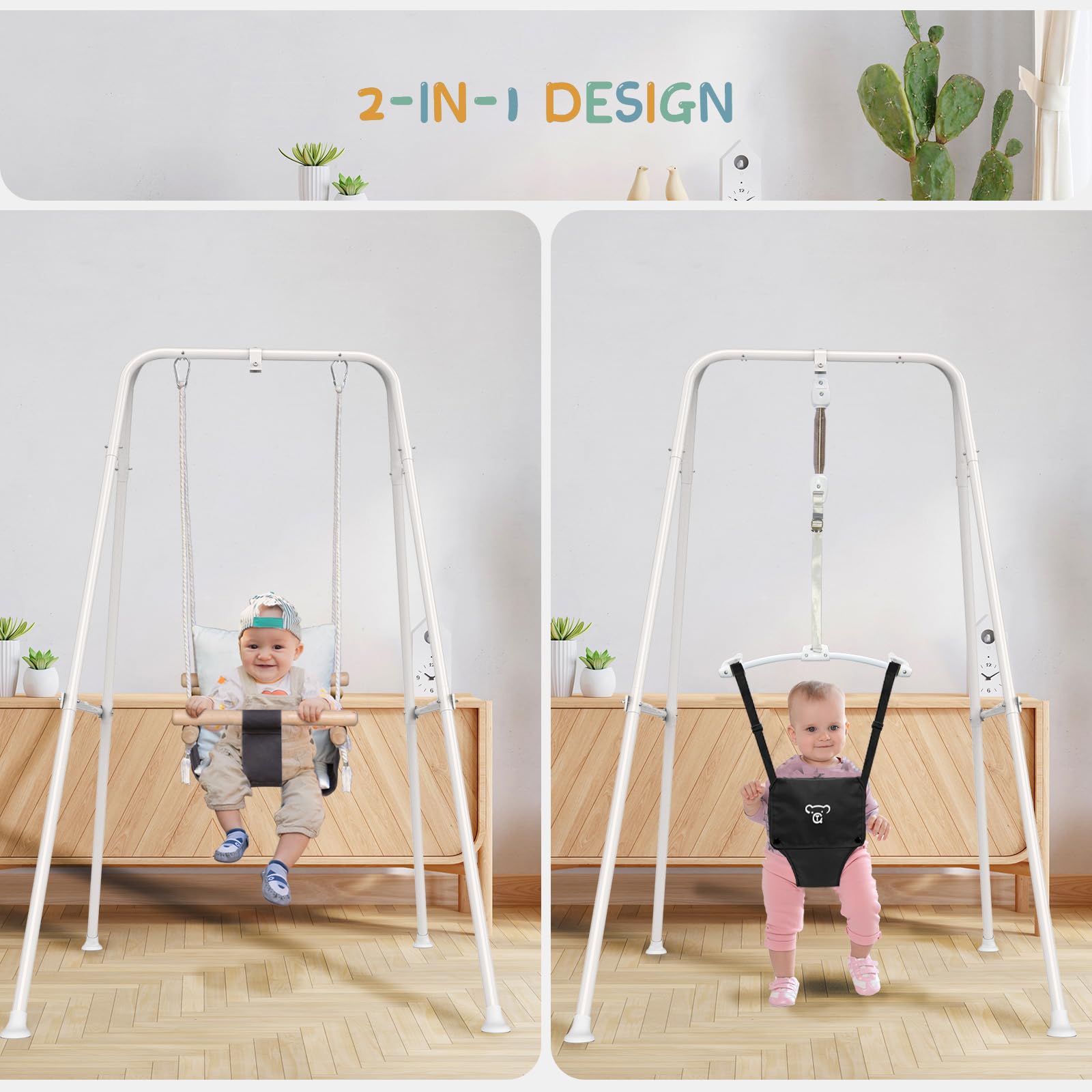 RAGOZONERY 2 in 1 Baby Jumper with Toddler Swing, Baby Jumpers and Bouncers,Indoor Outdoor Toddler Swing Set, Cotton, White