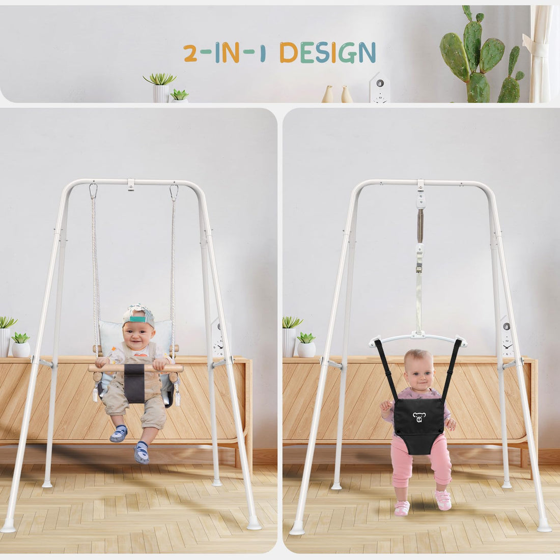 RAGOZONERY 2 in 1 Baby Jumper with Toddler Swing, Baby Jumpers and Bouncers,Indoor Outdoor Toddler Swing Set, Cotton, White