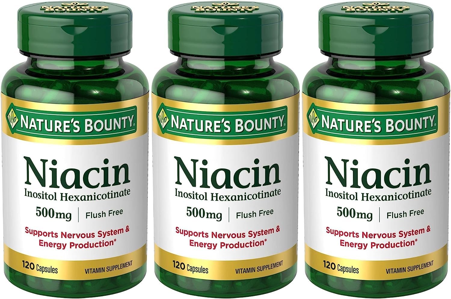 Set of 3 Nature's Bounty Niacin Flush Free 500 mg, 120 Capsules by Maven Gifts