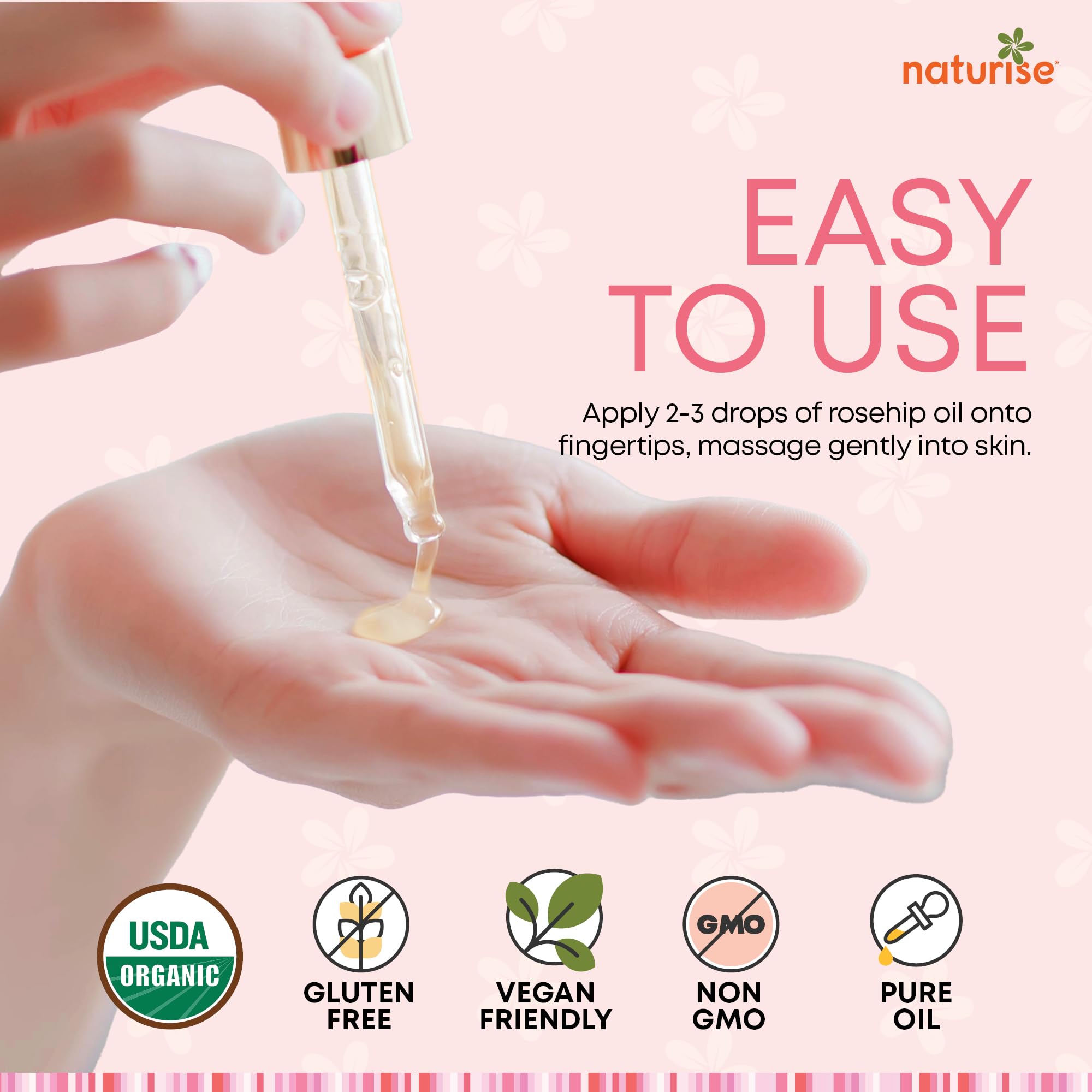 Naturise Organic Rosehip Seed Oil for Face, 100% Pure, Natural Cold Pressed Rose Hip Oil for Skin, Hair, Nails and Body Care (1 FL. OZ.)