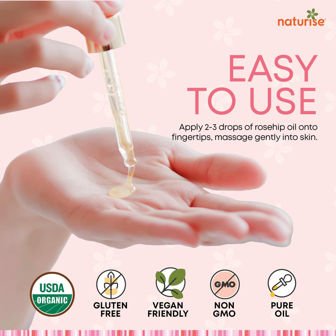 Naturise Organic Rosehip Seed Oil for Face, 100% Pure, Natural Cold Pressed Rose Hip Oil for Skin, Hair, Nails and Body Care (1 FL. OZ.)