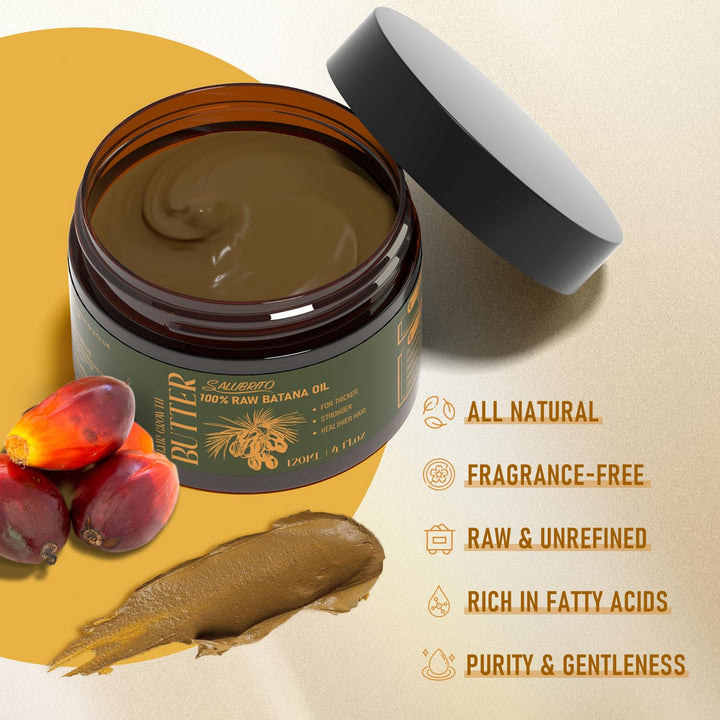 Salubrito Raw Batana Oil, 4oz/120g - 100% Pure & Unrefined Butter for Thicker, Stronger, Moisturizing & Nourishing Hair Massage Oil, Natural for Men & Women