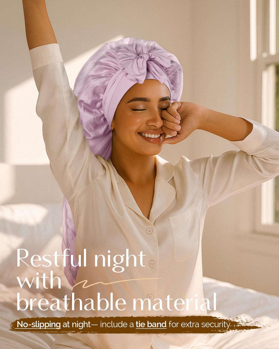 YANIBEST Silk Bonnet for Sleeping Women Satin Lined Braid Bonnet with Breathable Tie Band for Curly Hair Purple