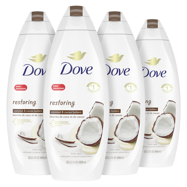 Dove Purely Pampering Body Wash for Dry Skin Coconut Butter and Cocoa Butter Effectively Washes Away Bacteria While Nourishing Your Skin 22 oz, 4 count