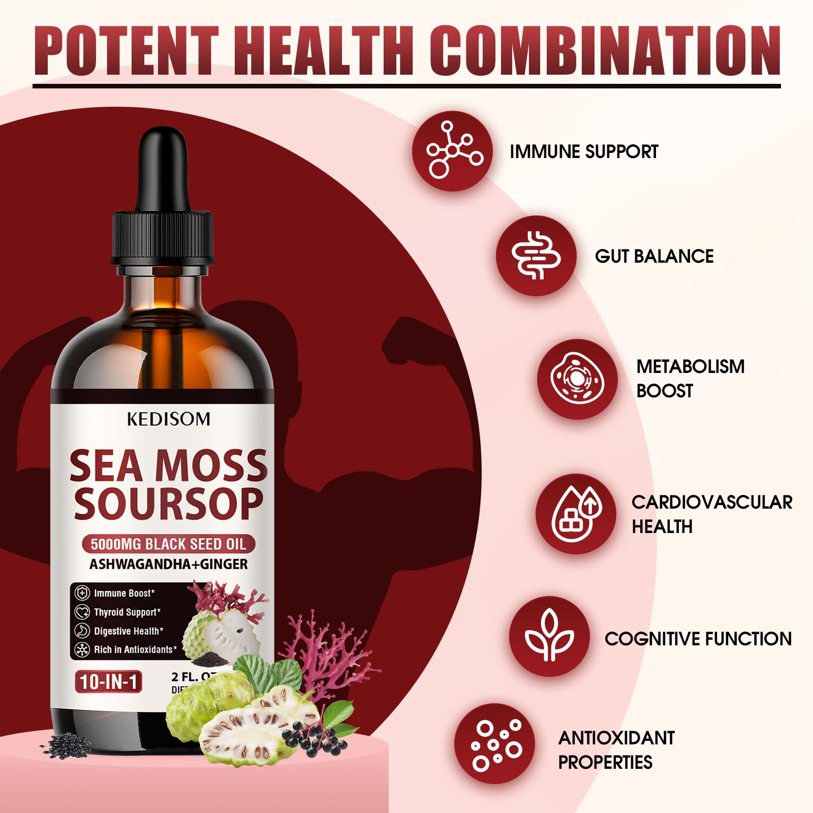 KEDISOM Irish Sea Moss Soursop Drops 2 Fl Oz - Sea Moss Black Seed Oil Multivitamin Liquid with Ashwagandha, Burdock Root, Bladderwrack, Soursop Seamoss Supplement for Gut, Immunity, Thyroid Support