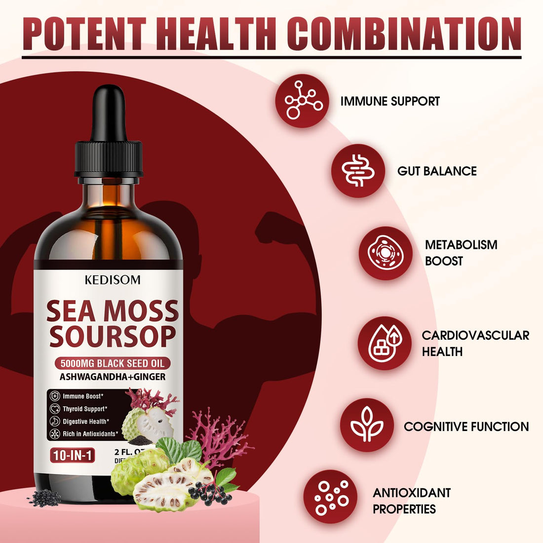 KEDISOM Irish Sea Moss Soursop Drops 2 Fl Oz - Sea Moss Black Seed Oil Multivitamin Liquid with Ashwagandha, Burdock Root, Bladderwrack, Soursop Seamoss Supplement for Gut, Immunity, Thyroid Support