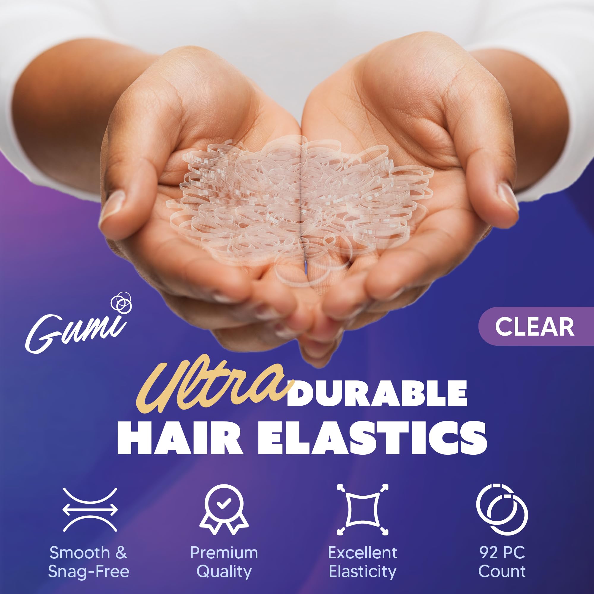 Large-92 Count, Clear: GUMI Reusable Extra Strong Hold Hair Elastics Large-92 Count Clear