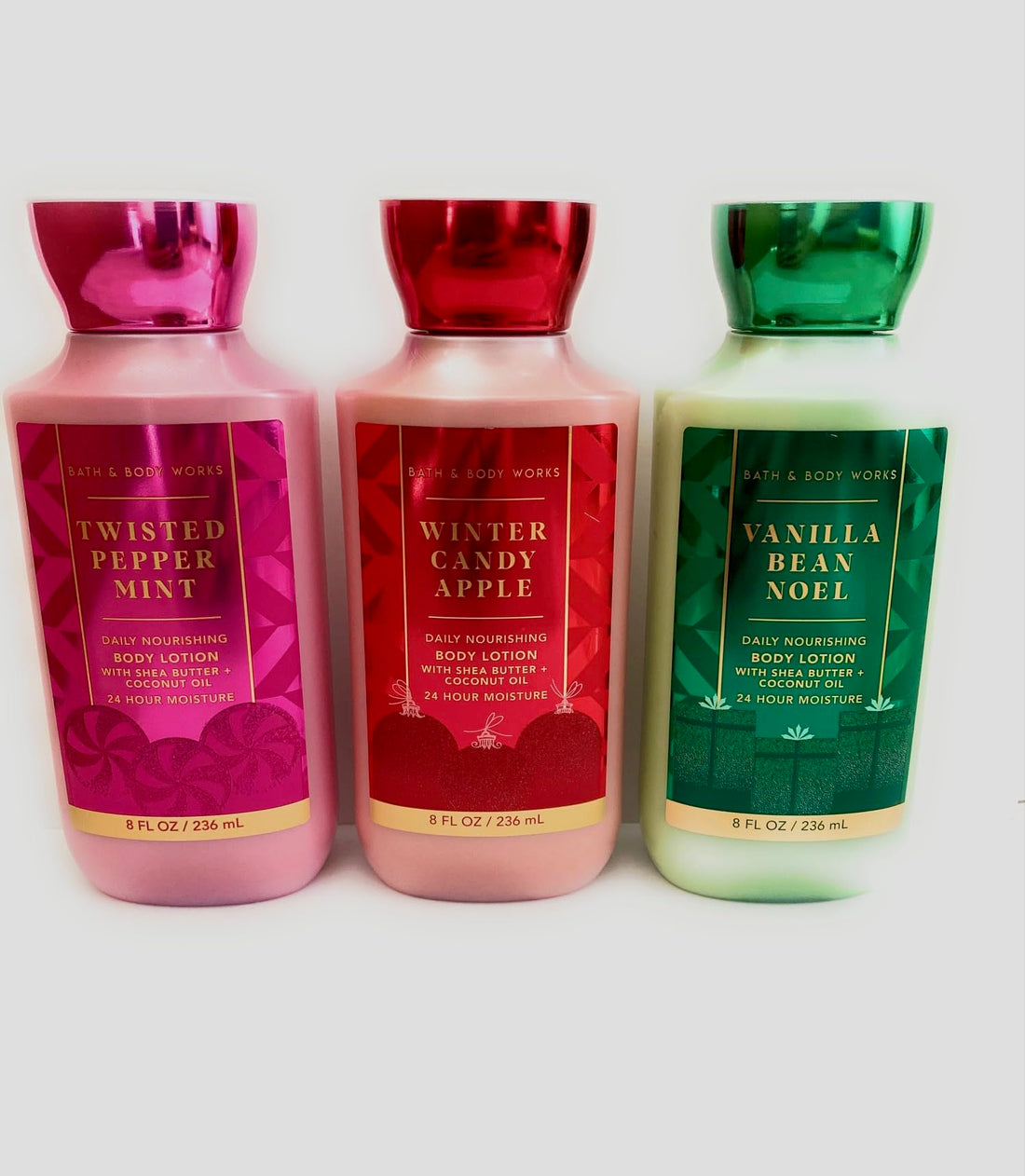 Bath and Body Works Holiday Traditions Christmas Lotion Gift Set of 3 Full Size Body Lotions: Vanilla Bean Noel, Winter Candy Apple, and Twisted Peppermint (Large 8 ounce bottles)