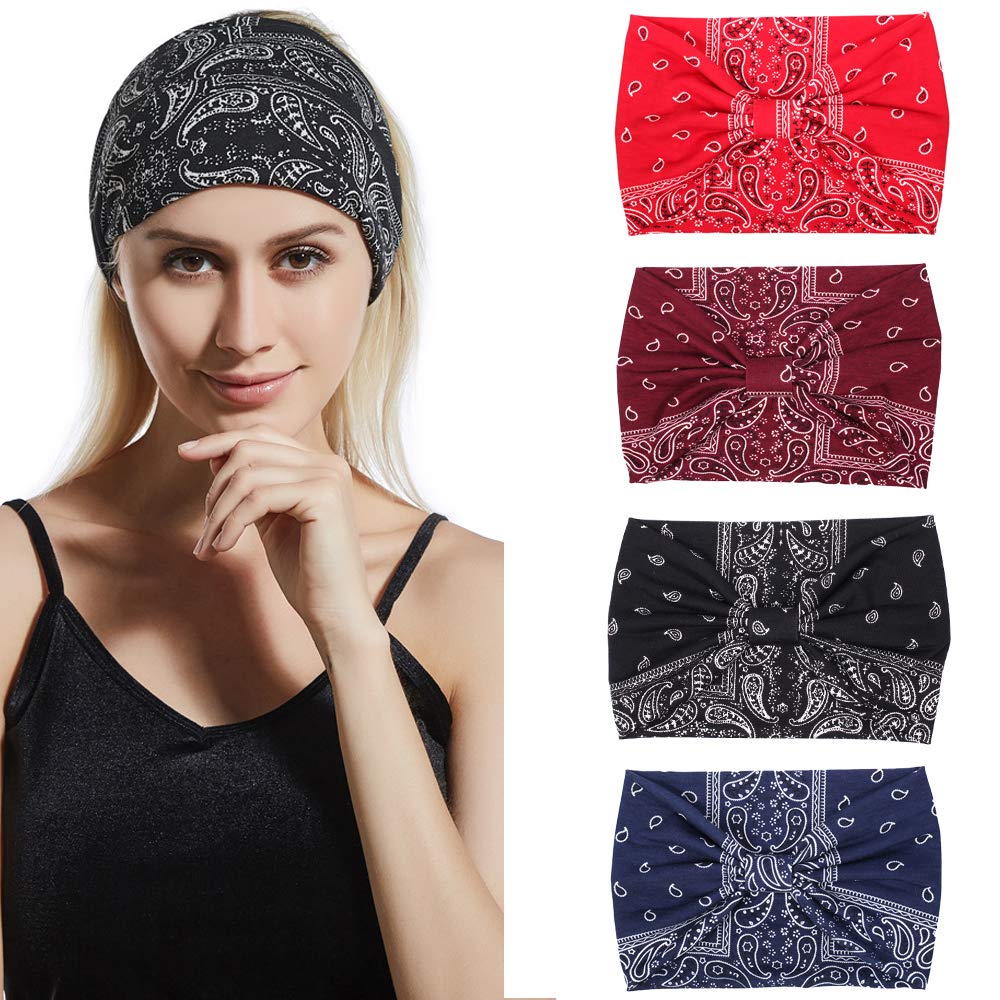 DINPREY Assorted Paisley Print Wide Bandana Knot Headbands Criss Cross Head Wrap Hair Band (4 Colors Pack B)