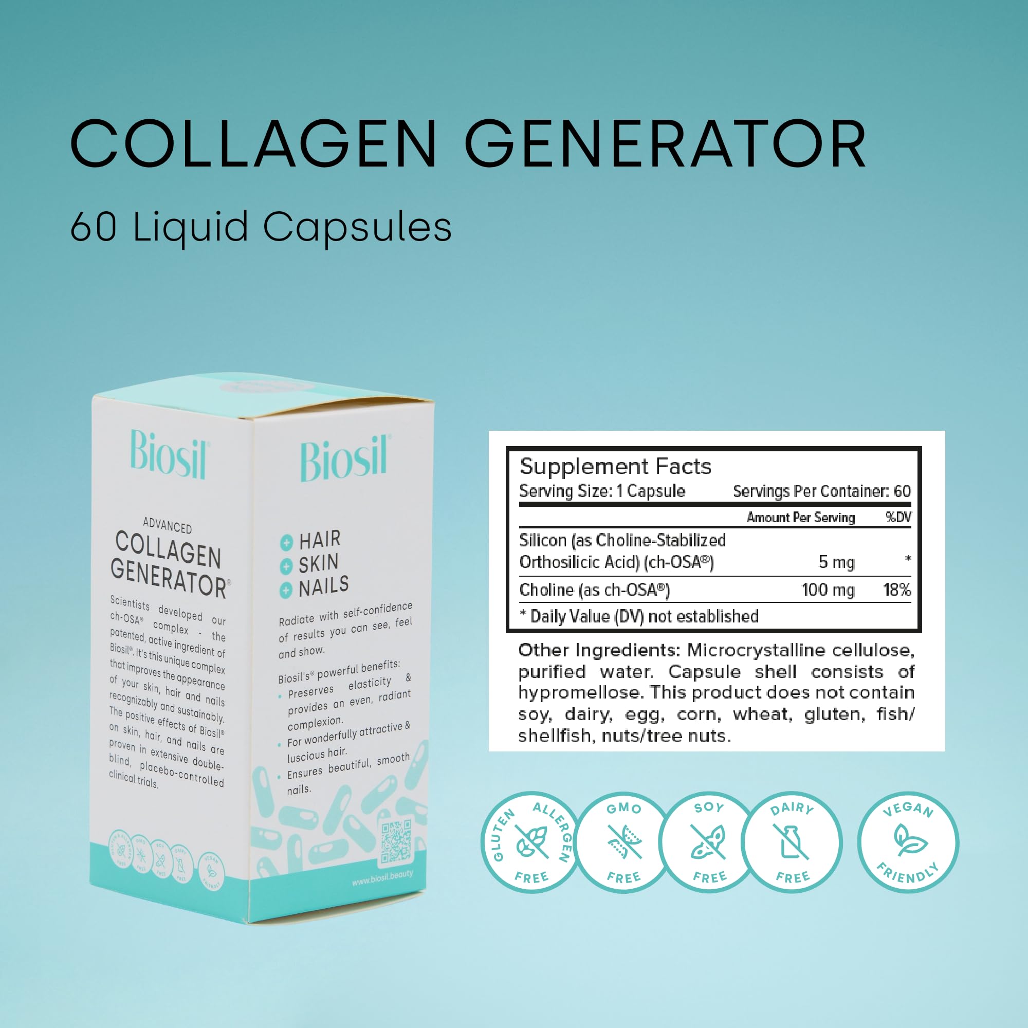 Biosil Collagen Generator - 60 Liquid Capsules - with Patented ch-OSA Complex - Generates & Protects Your Own Collagen - GMO Free - 30-Day Supply