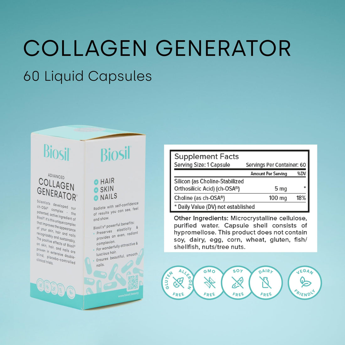 Biosil Collagen Generator - 60 Liquid Capsules - with Patented ch-OSA Complex - Generates & Protects Your Own Collagen - GMO Free - 30-Day Supply
