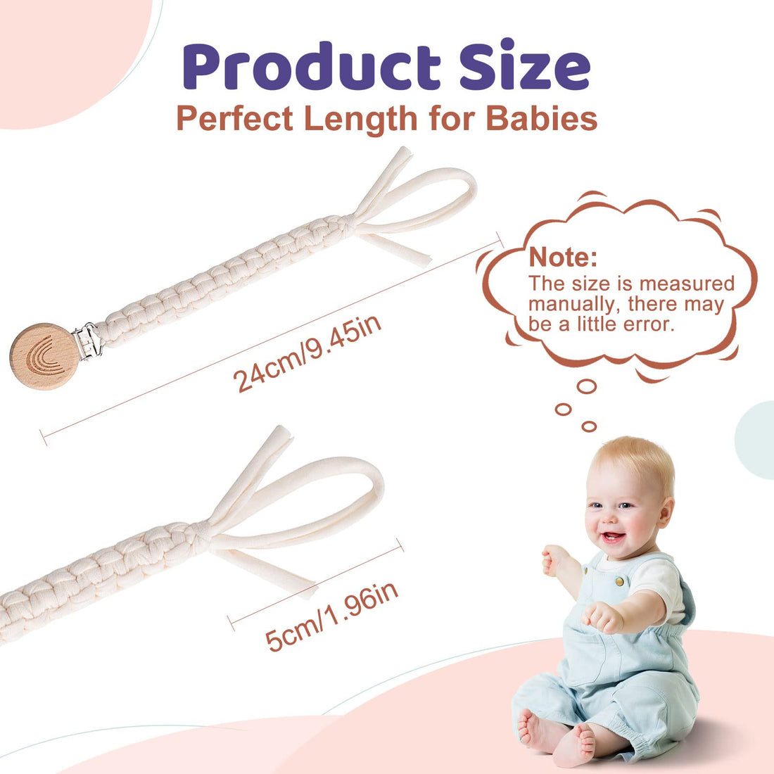 Symbolife Pacifier Clip for Boys Girls Pacifier Holder Leash Boho Rainbow Wooden Clips Handmade Braided Cotton Unisex Baby Shower Birthday Gift Christmas Gift (White Light Pink Brown)