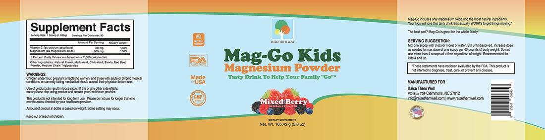 Raise Them Well Mag-Go Kids Magnesium Powder | Constipation Relief (Mixed Berry) | 90 Servings per Tub