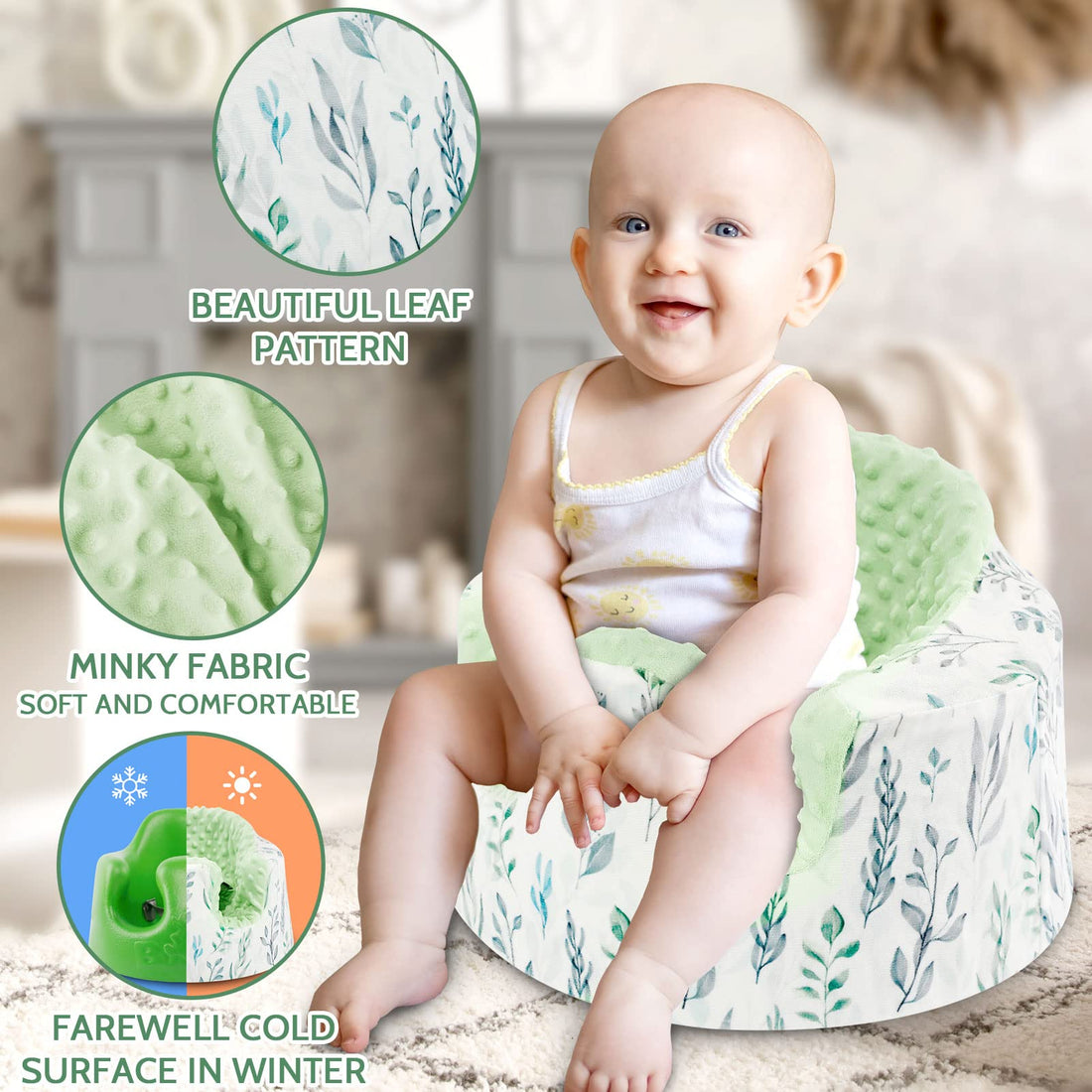 DILIMI Minky Seat Cover Compatible with Bumbo Seat, Removable Ultra Soft Comfortable Warm Seat Slipcover for Baby Girl and Boy, Green Leaf