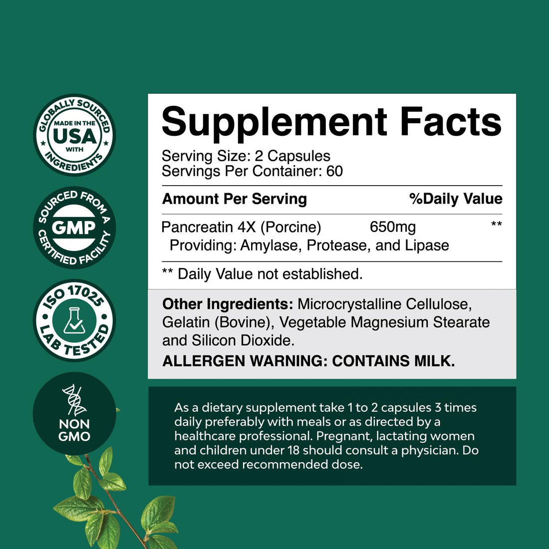 Natures Craft Pancreatin Digestive Enzymes for Digestive Health - Pancreatic Enzymes for Humans with Fat Carb and Protein Women and Men - Protease Amylase & Lipase Digestion -120ct