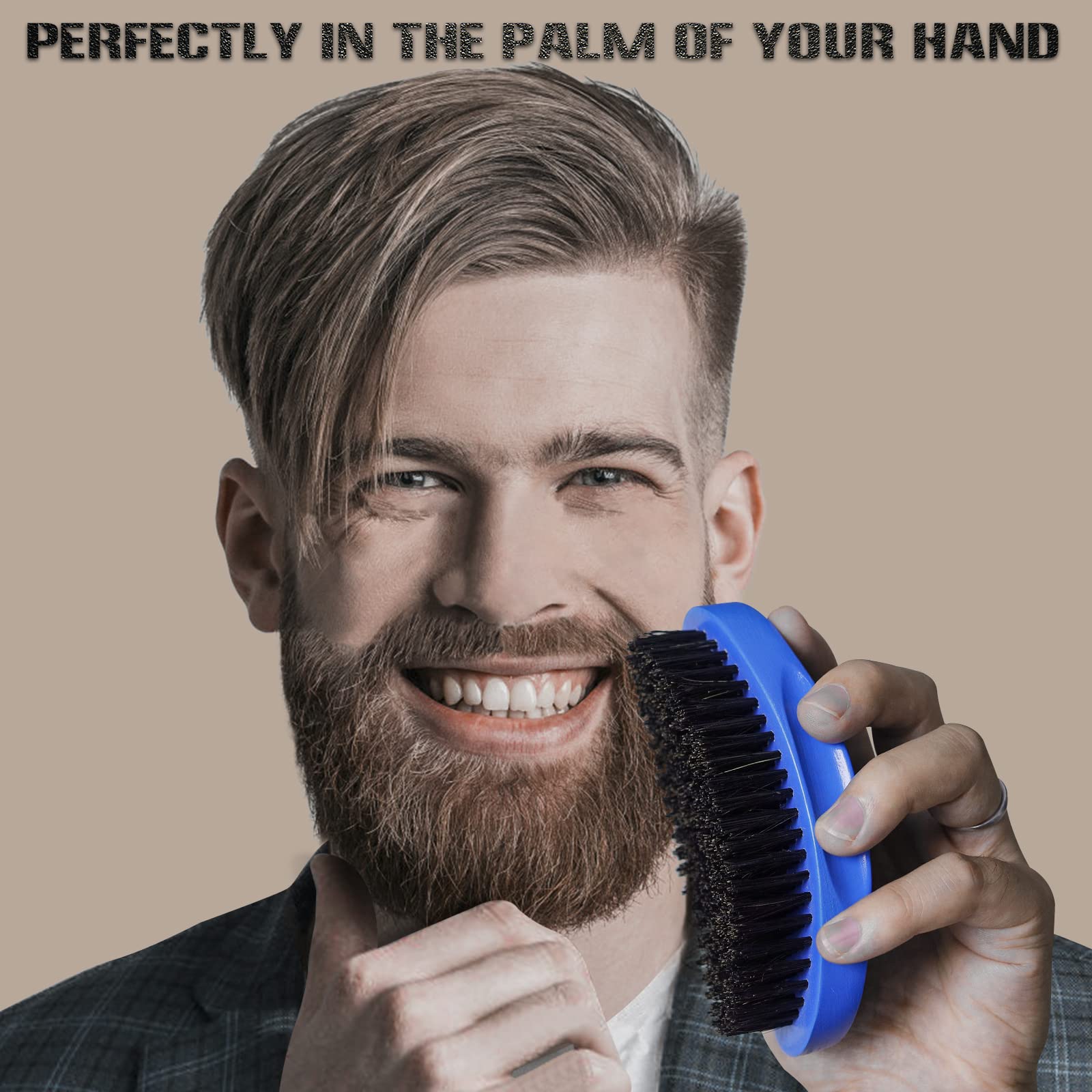Aosina Medium Curved Palm Wave Brush 360 Wave Brush Made With Pure Black Boar Bristle Hair Brush Designed for Thin and Normal Hair-Mens Curved Military Wave (Blue)