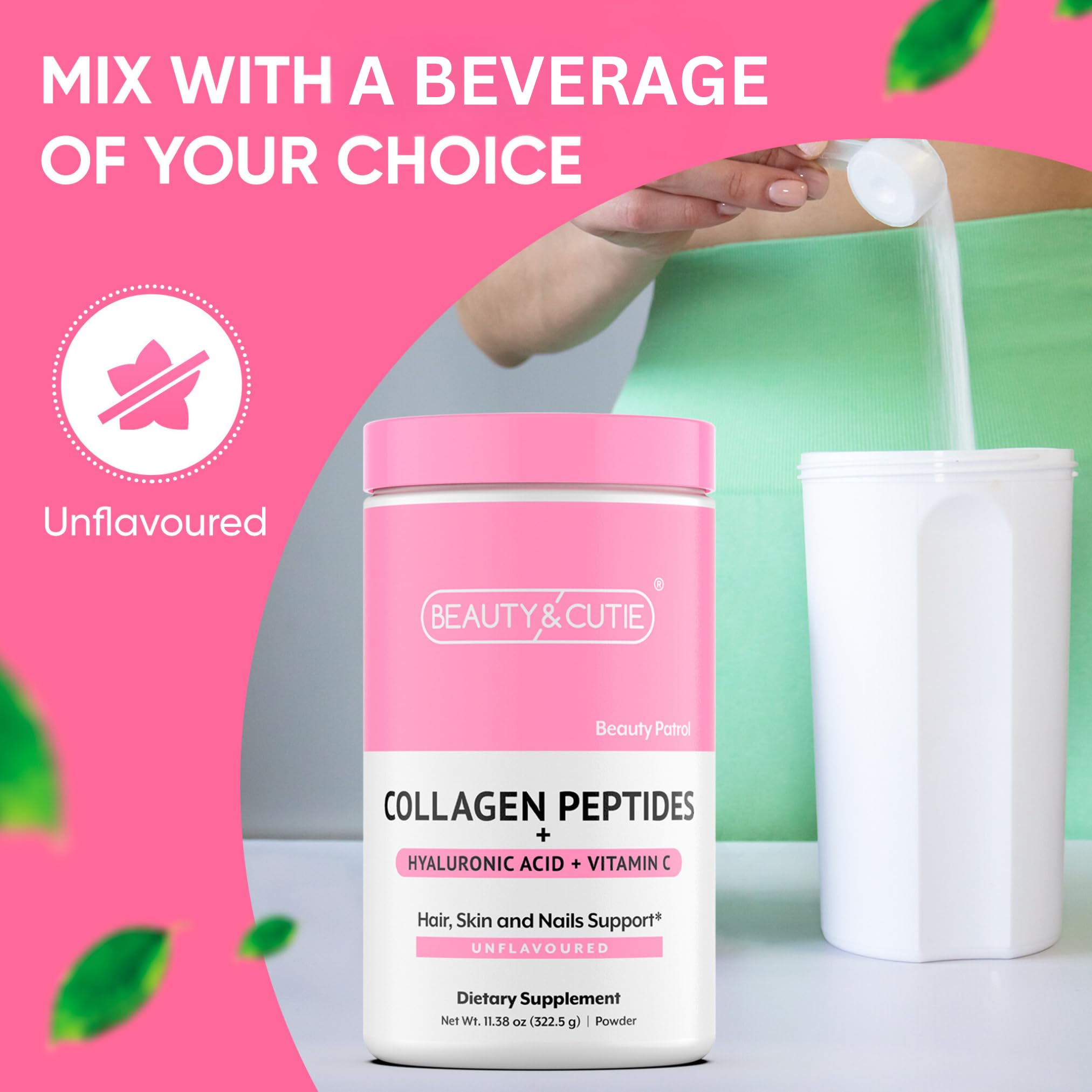 BEAUTY AND CUTIE Collagen Peptides 10g with Hyaluronic Acid 120 mg and Vitamin C Powder, Hair, Skin and Nails Support, Grass Fed, Unflavored, 11.38 oz