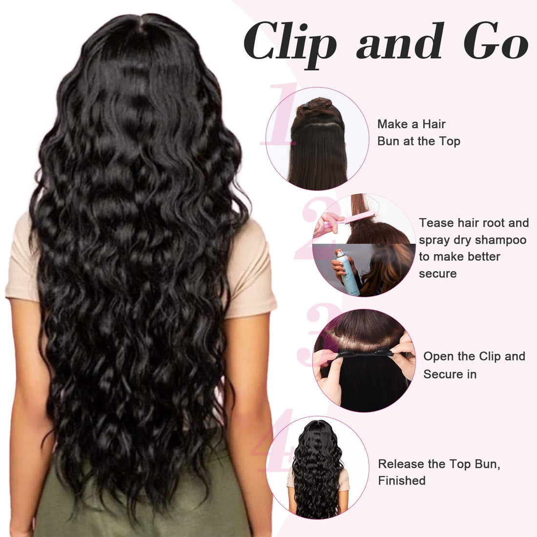 REECHO 20 1-Pack 3/4 Full Head Curly Wave Clips in on Synthetic Hair Extensions Hairpieces for Women 5 Clips 4.6 Oz per Piece - Natural Black