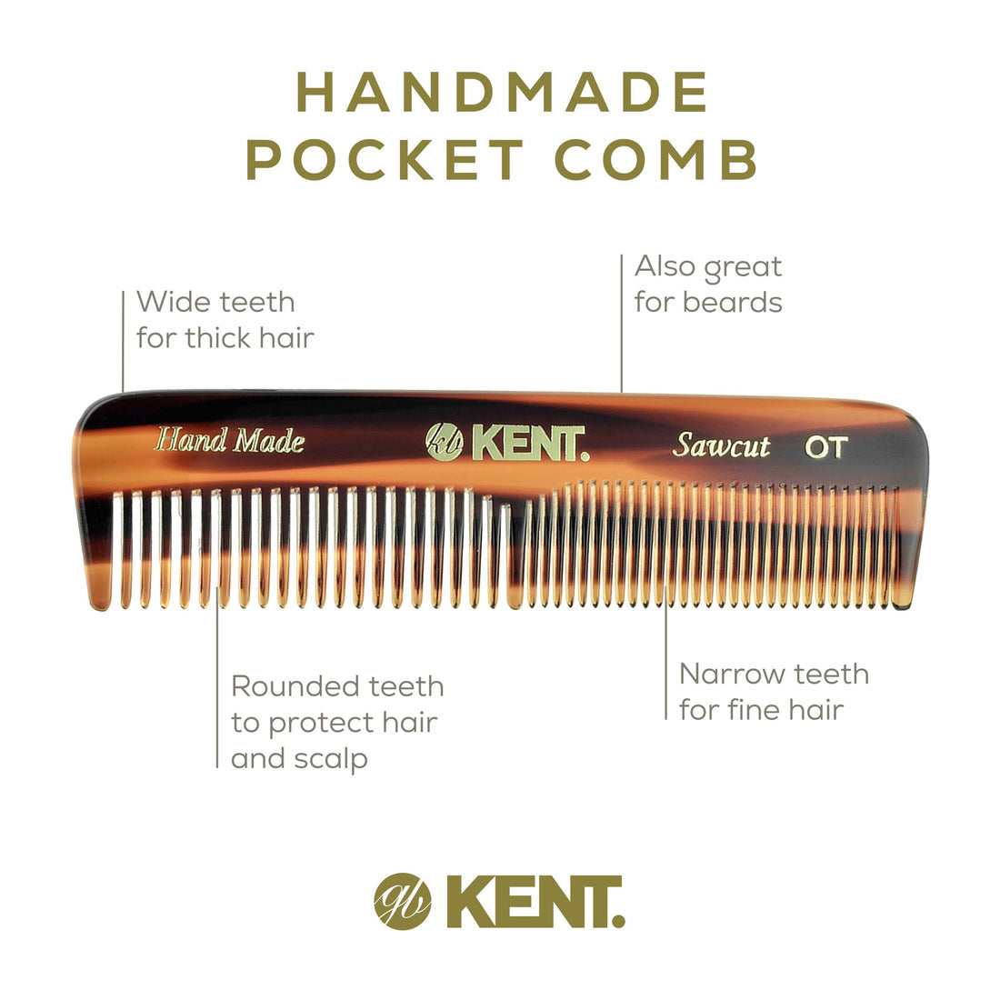 Kent AOT- Mens Coarse & Fine Toothed Small 113mm/4.45 Handmade Pocket Comb