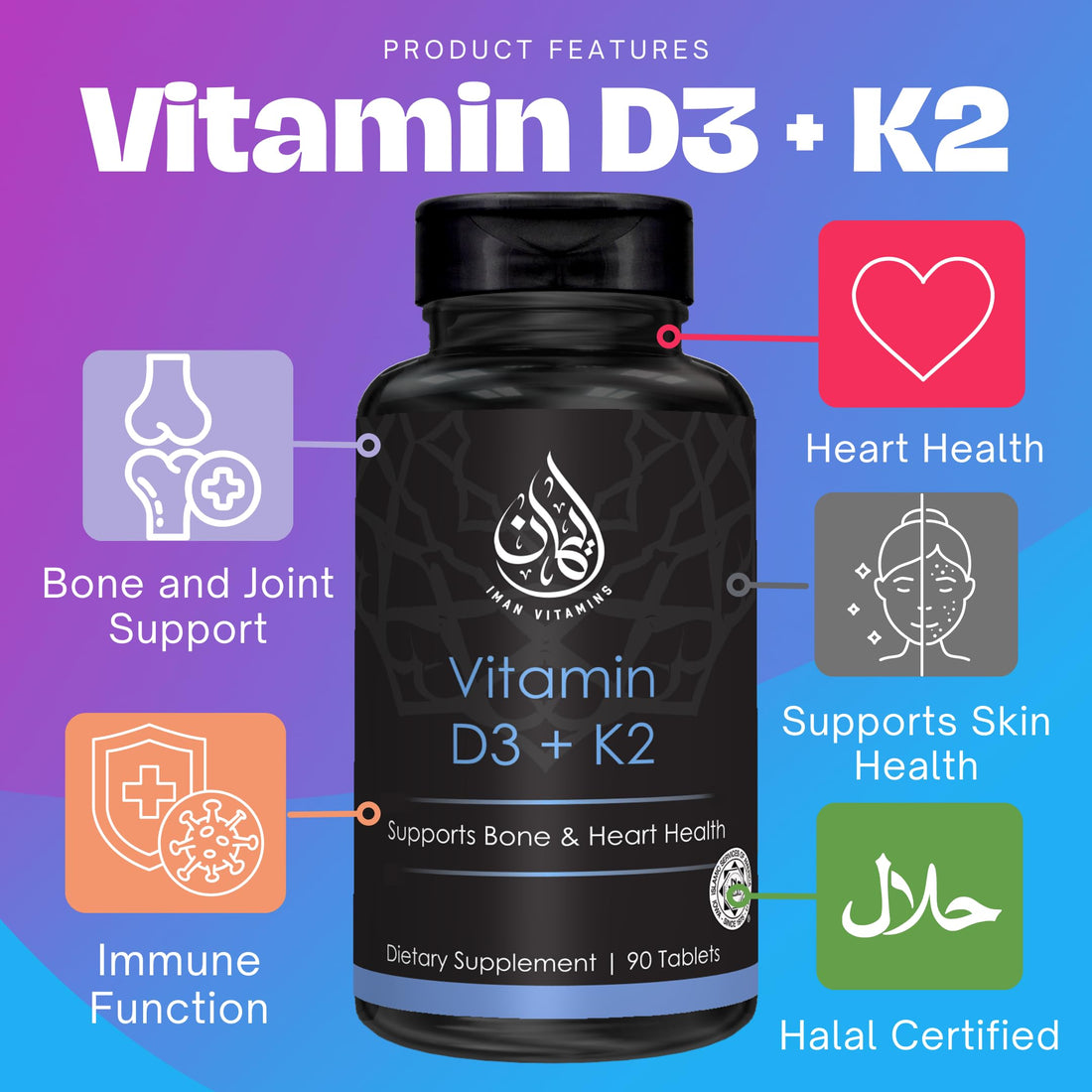 Iman Vitamins Halal Vitamin D3 with K2 Chewable Tablets - Vitamin D 2000 iu + Menaquinone-7 (MK7) | Supports Heart Health, Bones, and Muscles Health | 90 Count for Men and Women