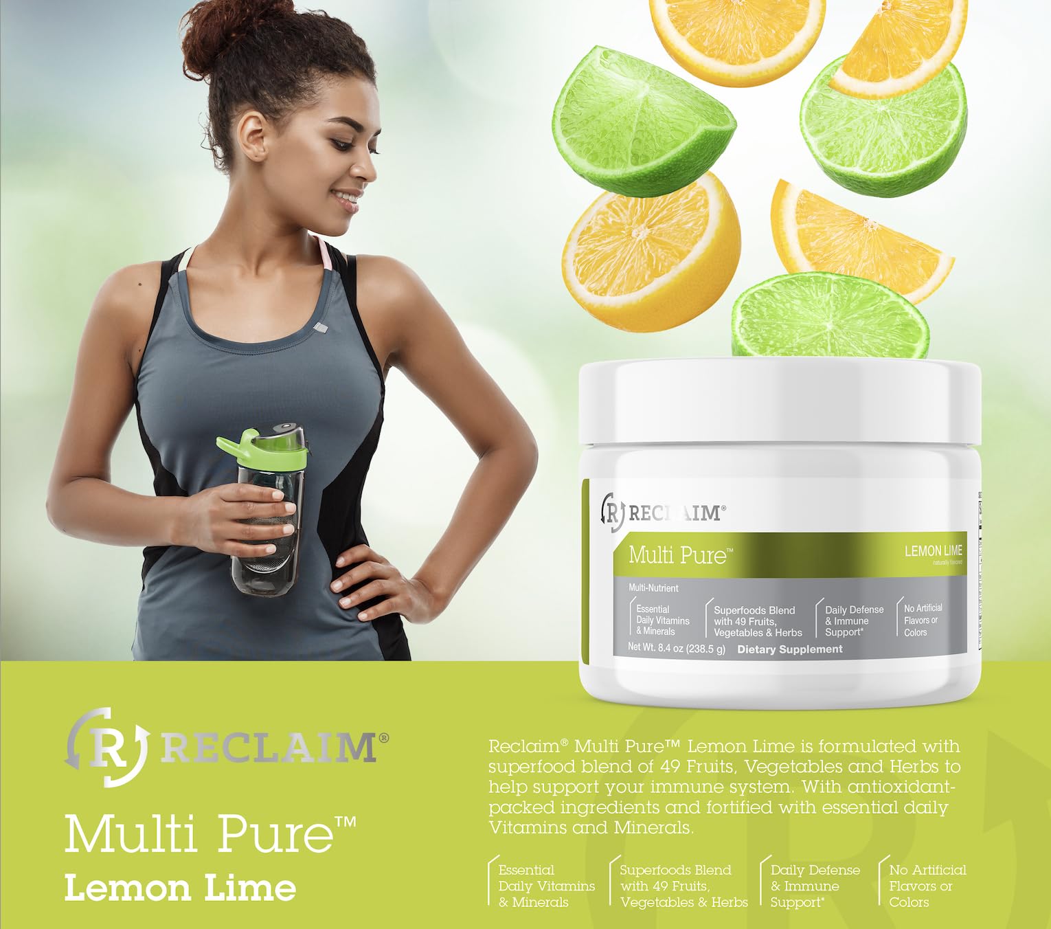 Reclaim Multi Pure Lemon Lime, Immune Support, Vitamin C, Vitamin B Complex, Probiotic, Superfood Powder, Calcium, Magnesium Oxide, (30 Servings) (Lemon Lime)