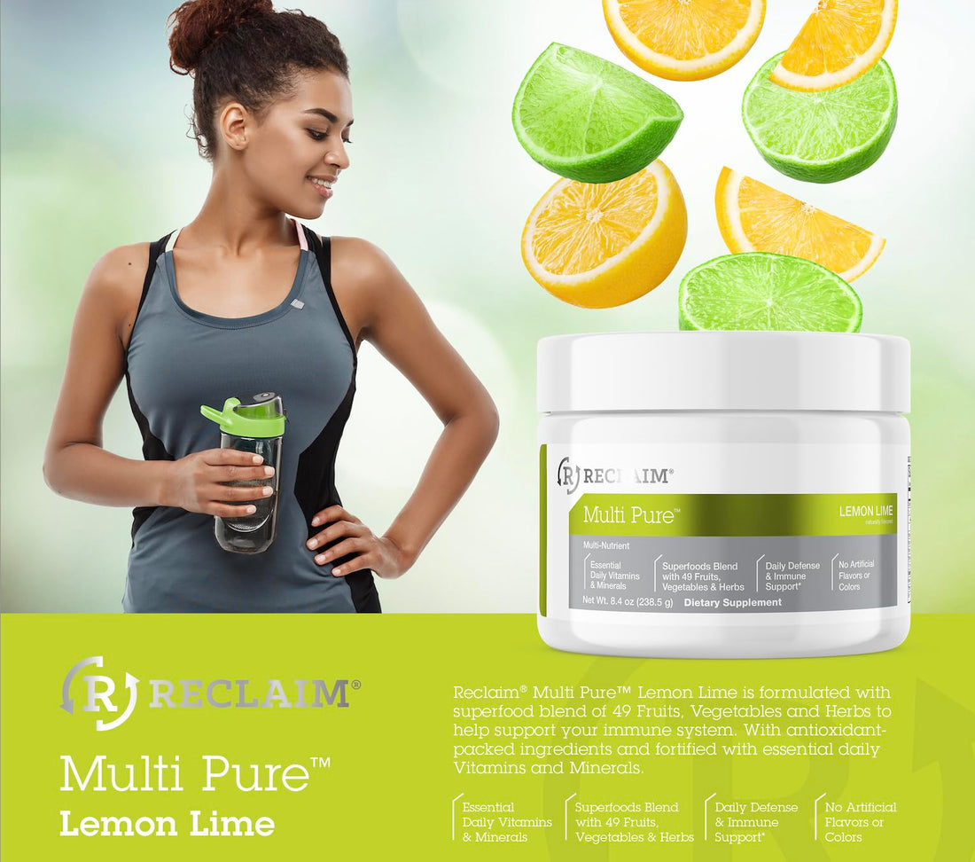 Reclaim Multi Pure Lemon Lime, Immune Support, Vitamin C, Vitamin B Complex, Probiotic, Superfood Powder, Calcium, Magnesium Oxide, (30 Servings) (Lemon Lime)