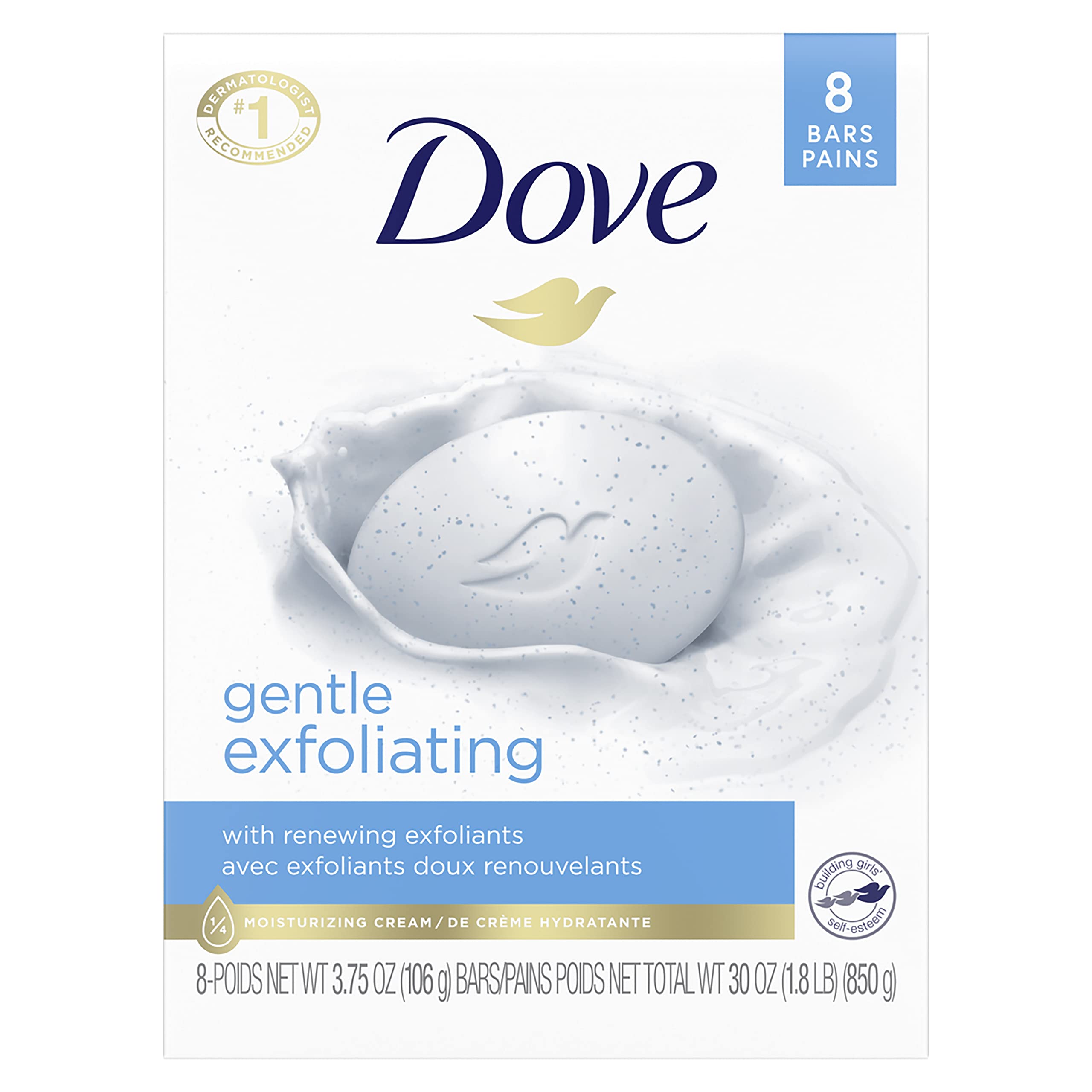 Dove Beauty Bar More Moisturizing Than Bar Soap Gentle Exfoliating With Mild Cleanser For Softer And Smoother Skin 3.75 oz, 8 Bars