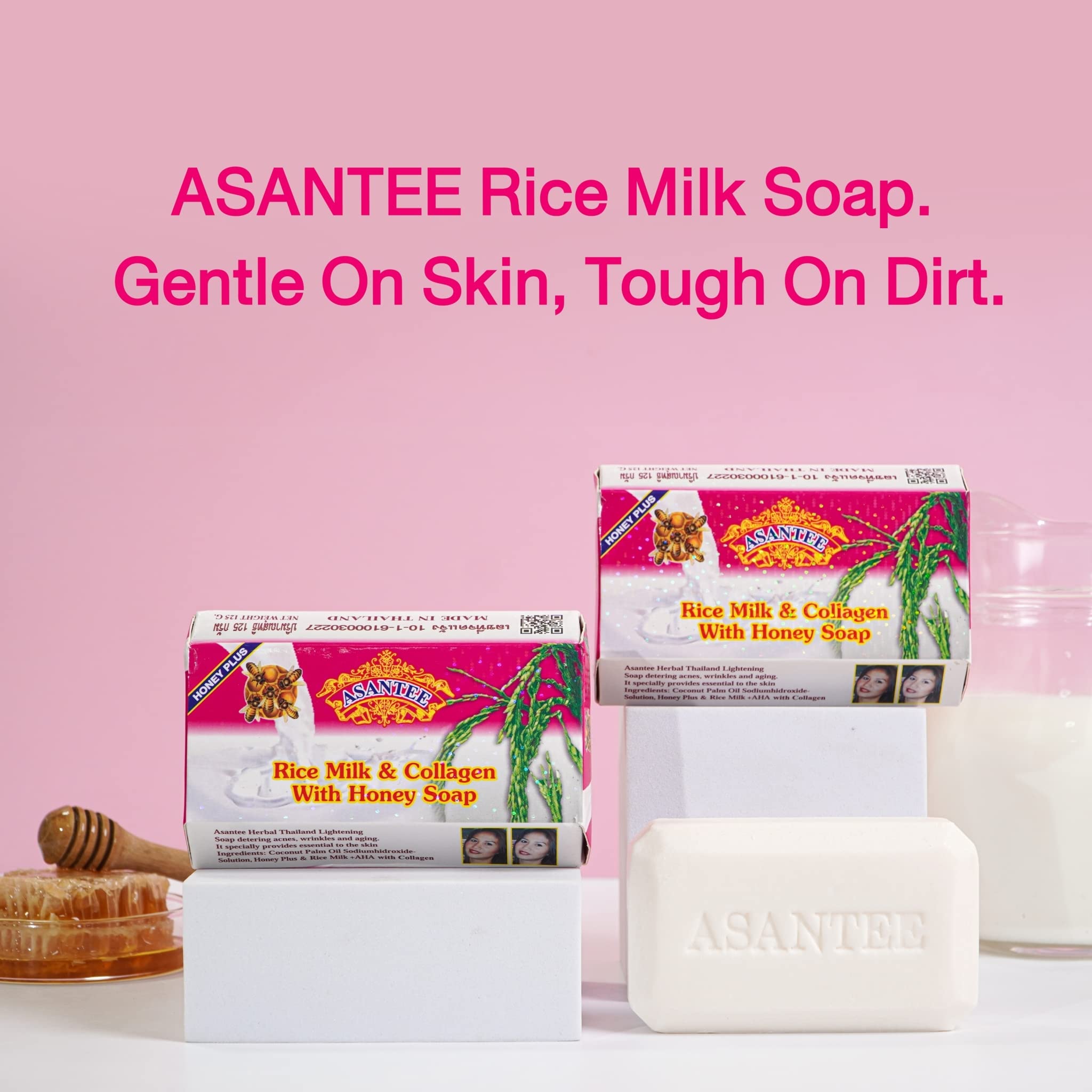ASANTEE Rice Milk with Collagen and Honey Body Soap 125 g. (Pack of 3)