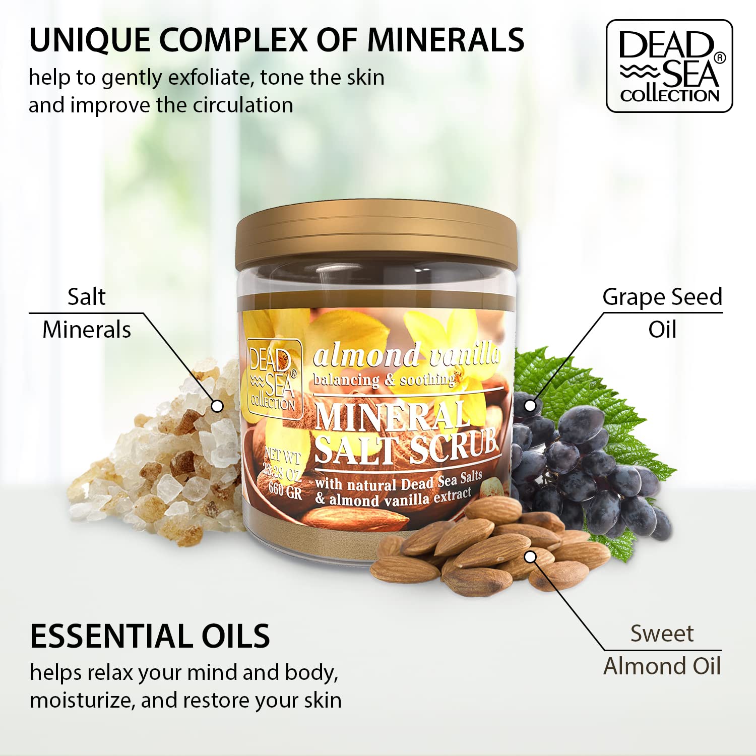 Dead Sea Collection Almond Vanilla Salt Scrub – Exfoliating Body Scrub for Women – Moisturizing and Nourishing Skin – with Pure Oils and Dead Sea Minerals (23.28 Oz)