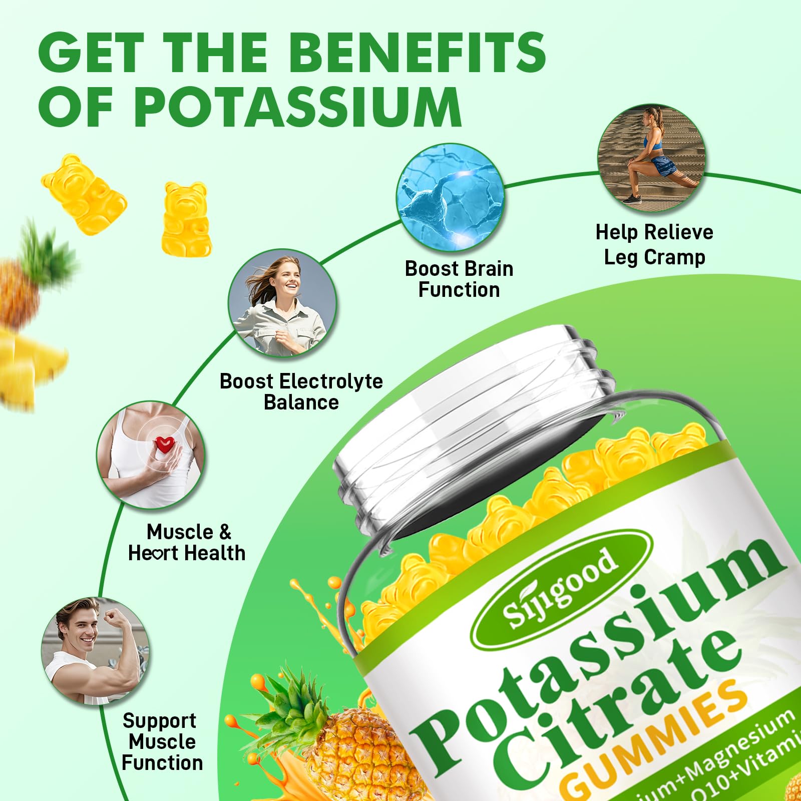2 Pack Potassium Citrate Gummies – High Potency Potassium Supplement for Muscle Health, Leg Cramp Relief, Electrolyte Balance – Vegan, Non-GMO, Gluten-Free, Pineapple Flavor, 120 Count