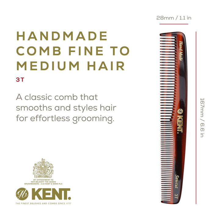 Kent 3T 6 1/2 160mm Handmade Dressing Comb Coarse and Fine Toothed Sawcut (2 PACK)