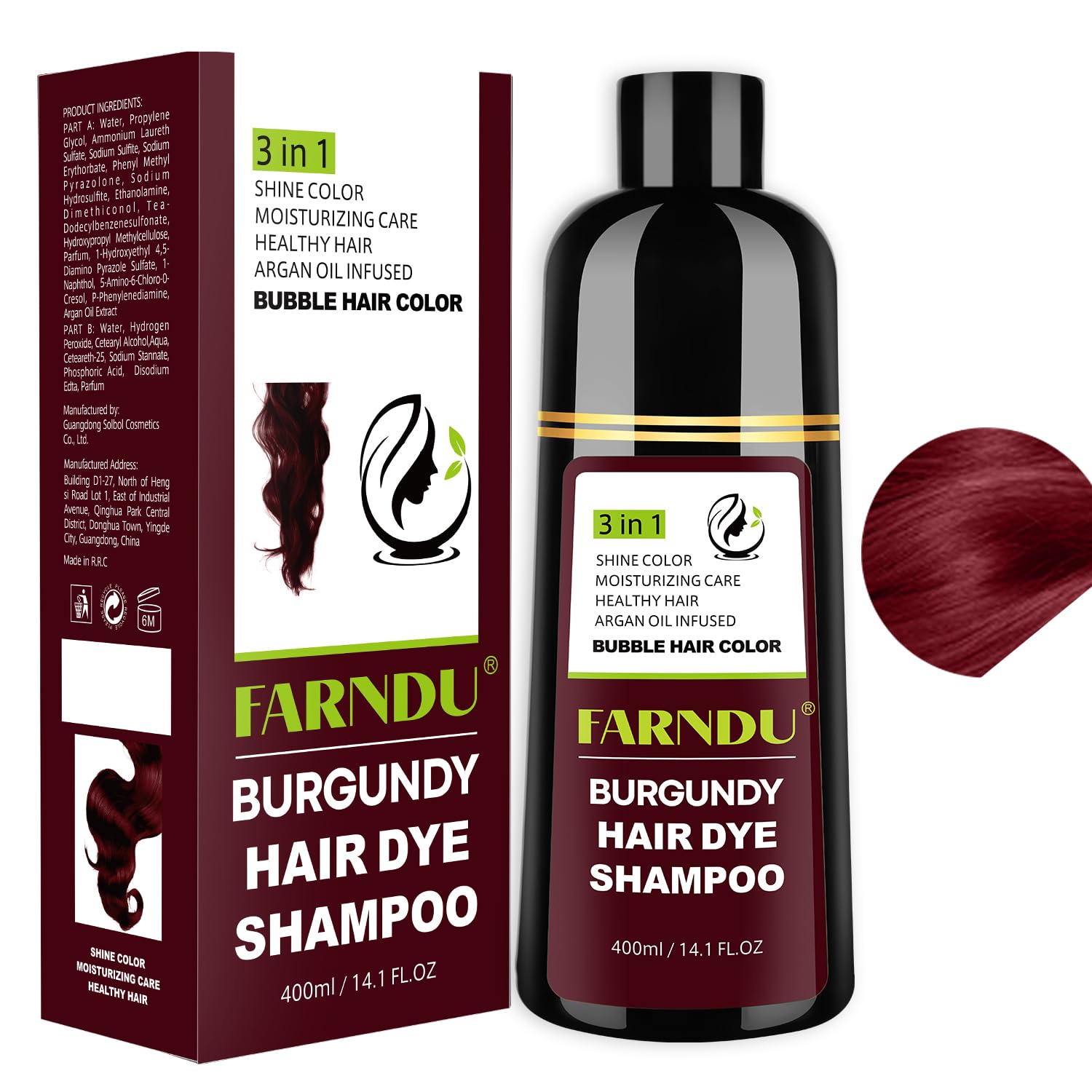 Farndu Red Burgundy Hair Dye Shampoo 3-in-1 for Women Men Gray Hair Coverage, Natural Herbal Ingredients 14.1Oz