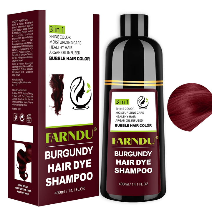 Farndu Red Burgundy Hair Dye Shampoo 3-in-1 for Women Men Gray Hair Coverage, Natural Herbal Ingredients 14.1Oz
