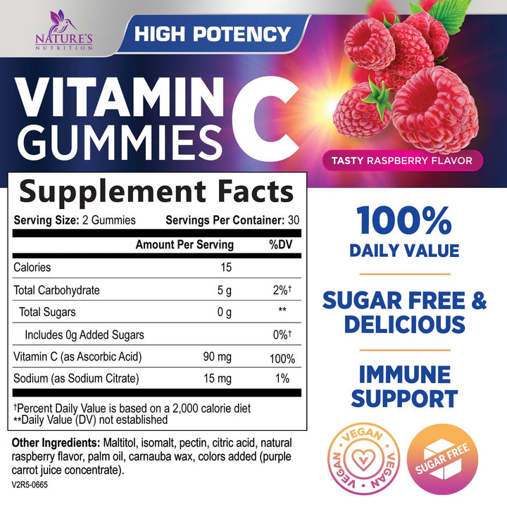Zero Sugar Vitamin C Gummies - Immune Support & Antioxidant VitaminC Dietary Supplement - Vegan, Non-GMO, Dairy & Gluten Free C Vitamin Gummy - Raspberry Flavor for Kids & Adults - 60 Count Gummies