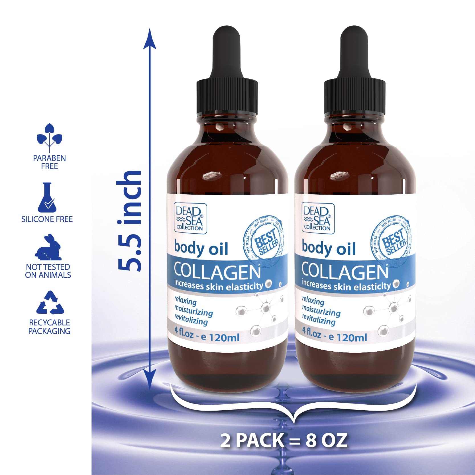 Dead Sea Collection Body Oil for Dry Skin - Collagen & Vitamin E Moisturizing Oil, Anti-Aging & Skin Elasticity Support - Relaxing, Moisturizing, Revitalizing, Pack of 2 (4 Fl. Oz Each)