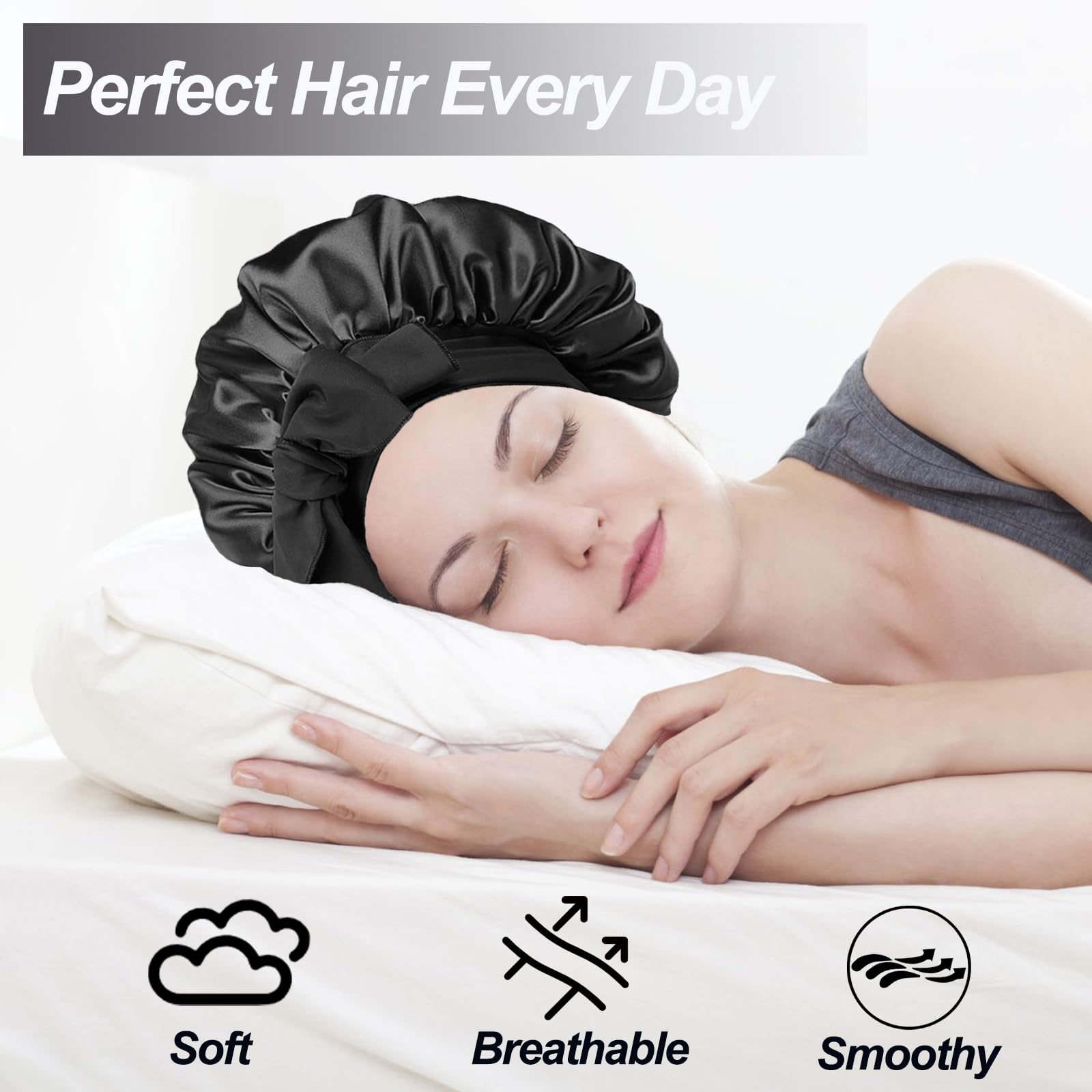Silk Bonnet Satin Bonnet for Sleeping Large Bonnets with Tie Band Hair Wrap with Adjustable Straps Hair Cap for Women Curly Black