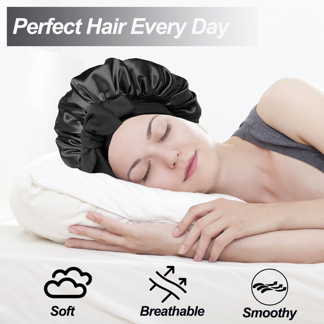 Silk Bonnet Satin Bonnet for Sleeping Large Bonnets with Tie Band Hair Wrap with Adjustable Straps Hair Cap for Women Curly Black